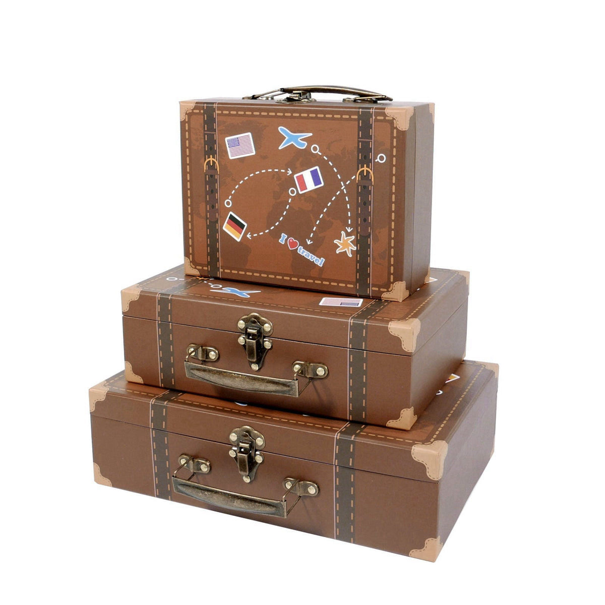 SLPR - Small Vintage Suitcase Boxes, Set of 3, Travel Themed Party Decor – back view and specifications