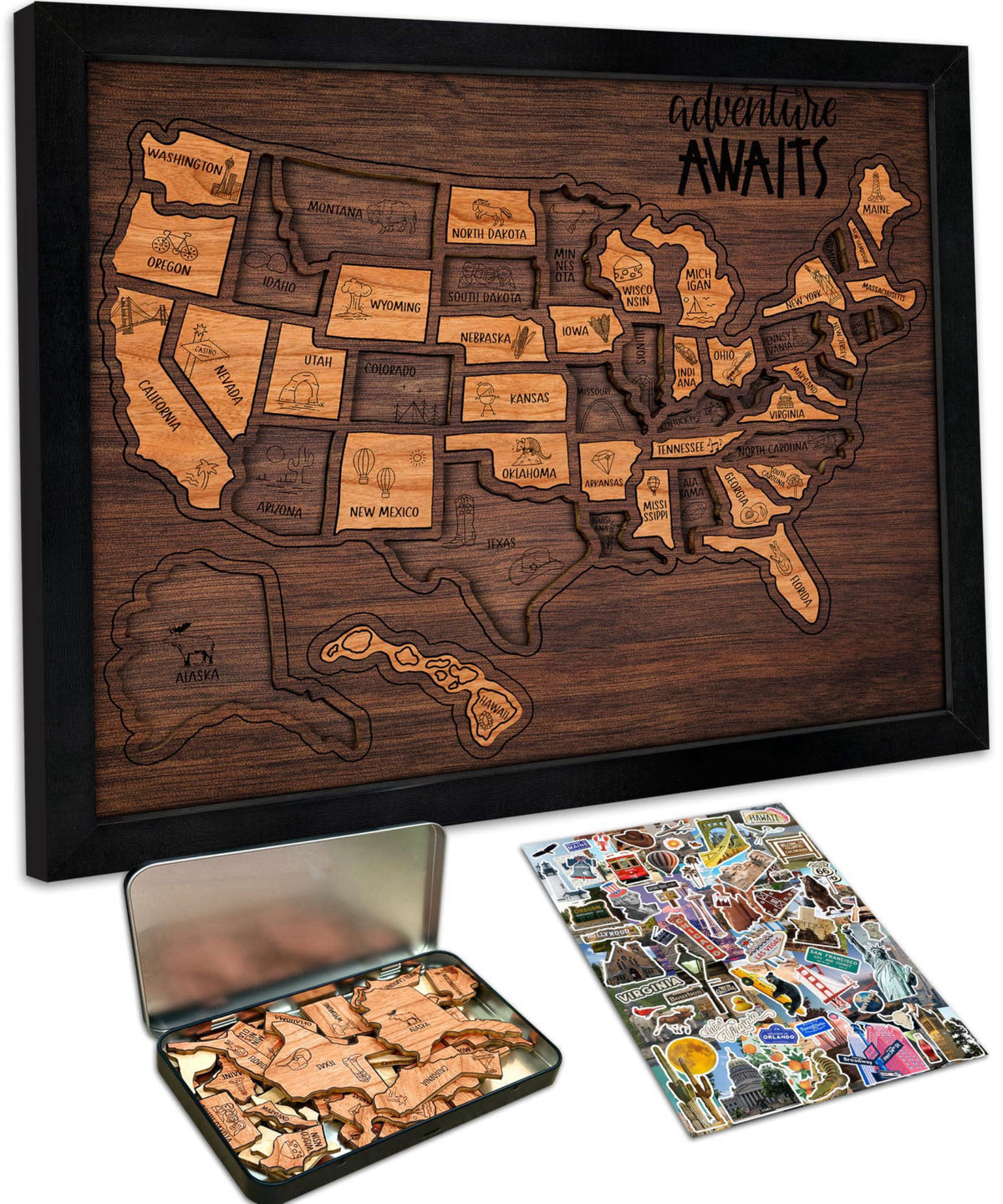 flinelife USA Landmarks Travel Map, 13x11, Wooden USA Map Puzzle, Perfect For Couples and Families Gift – product photo 