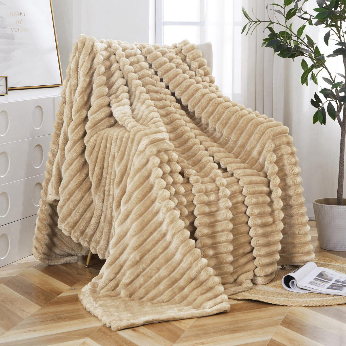 Taliska Ribbed Fleece Throw Blanket for Couch & Bed, Khaki, 60"x80" – product photo (Throws)