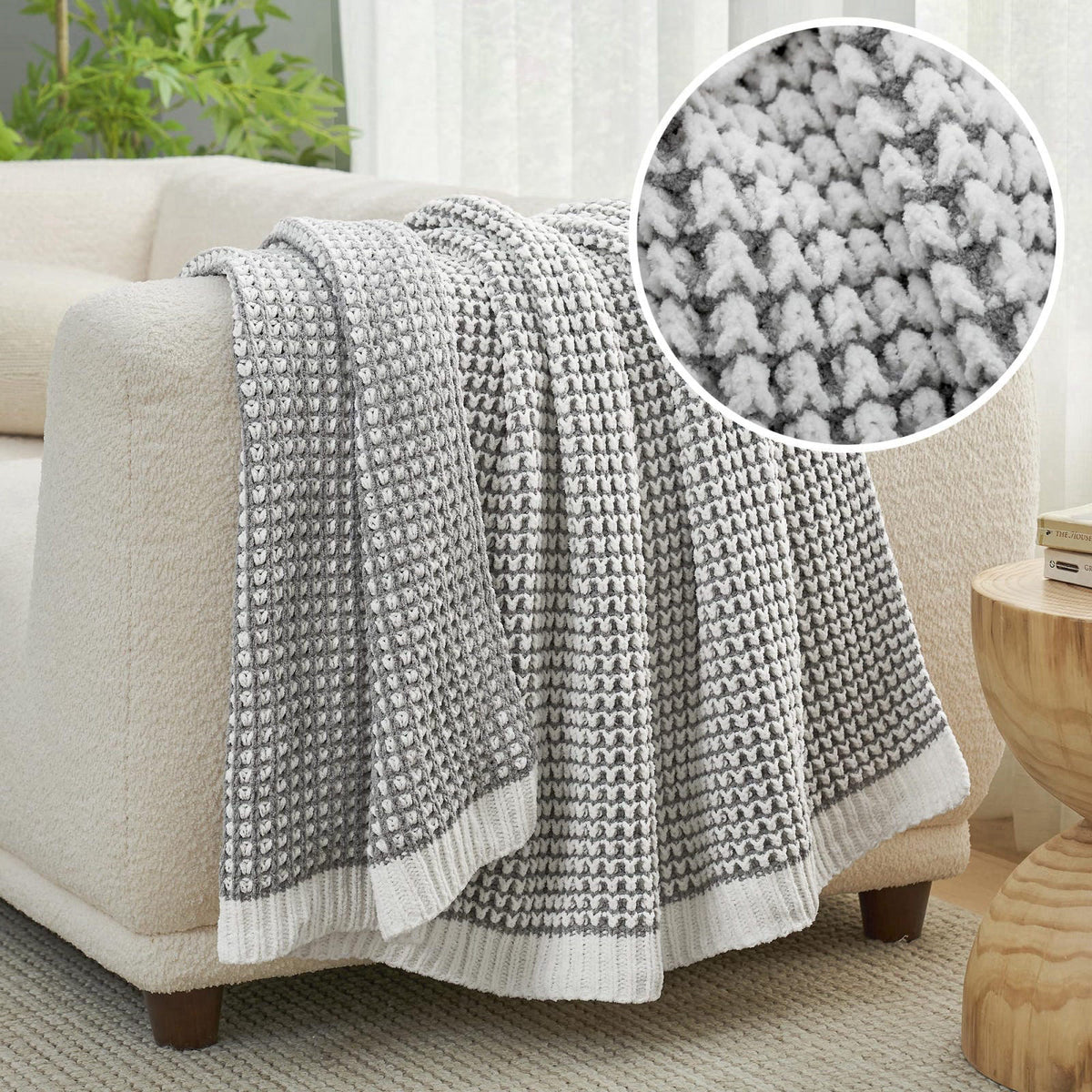 Am&eacute;lie Home Amélie Home Chenille Knit Throw Blanket for Bed Decor, Gray, 60"x80" – close-up detail in Pin