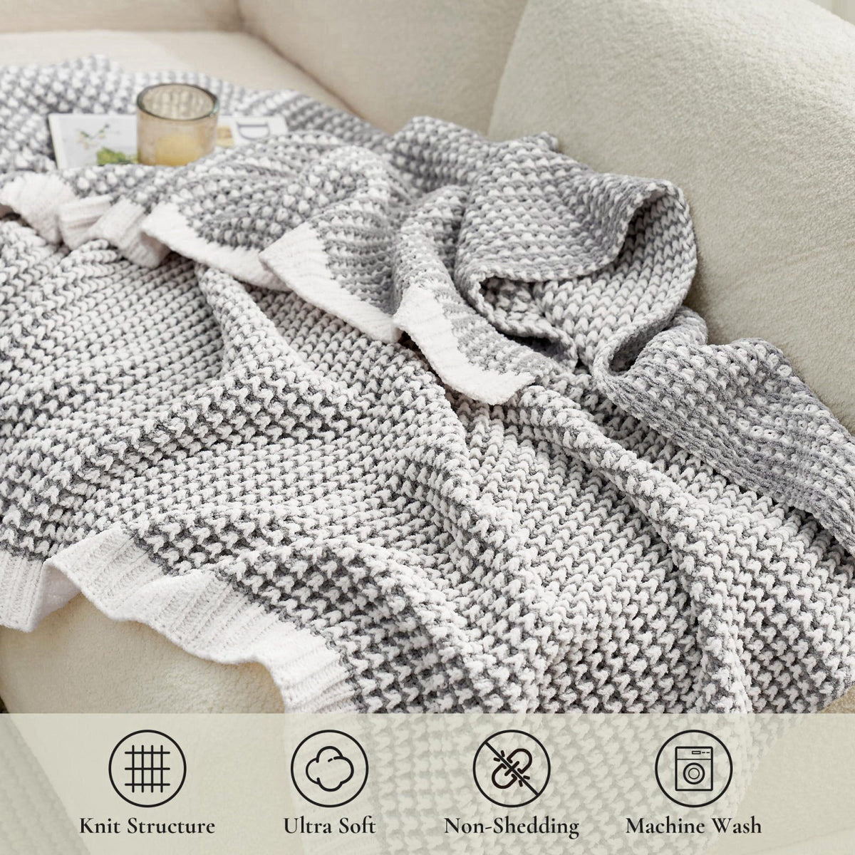 Am&eacute;lie Home Amélie Home Chenille Knit Throw Blanket for Bed Decor, Gray, 60"x80" – full view