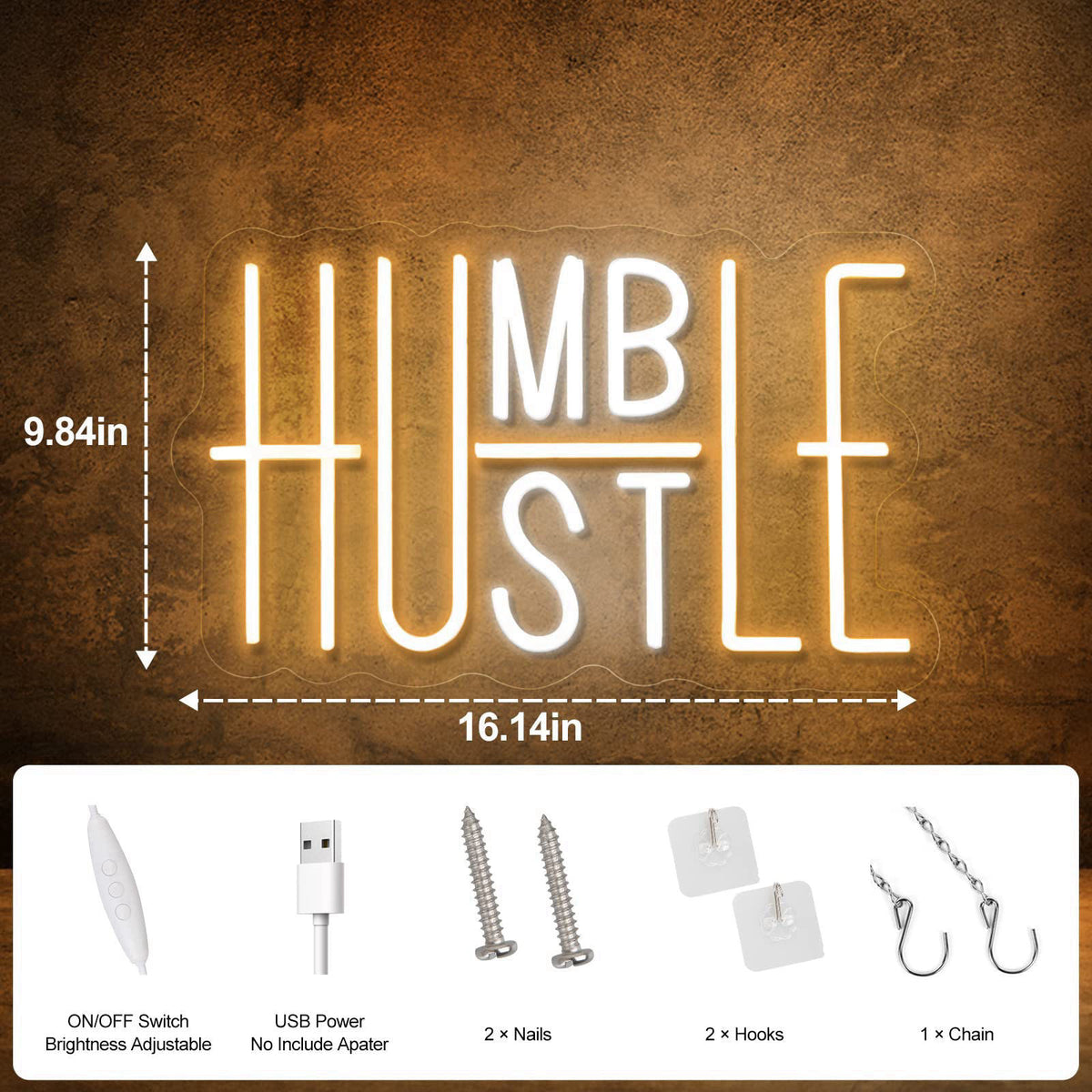 YIKBIK Hustle LED Neon Sign for Wall Decor, Humble Party Decorations, USB Powered Switch Adjustable Brightness LED Neon 