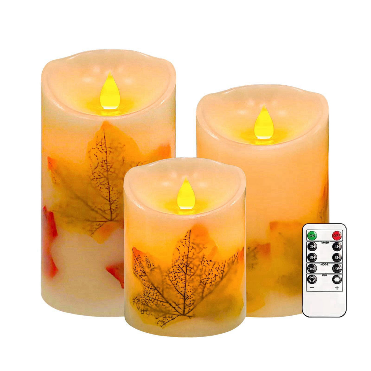 VEEKI Maple Leaf Flameless Candles Set of 3, Fall Candles with Remote & Timer – Orange, G30