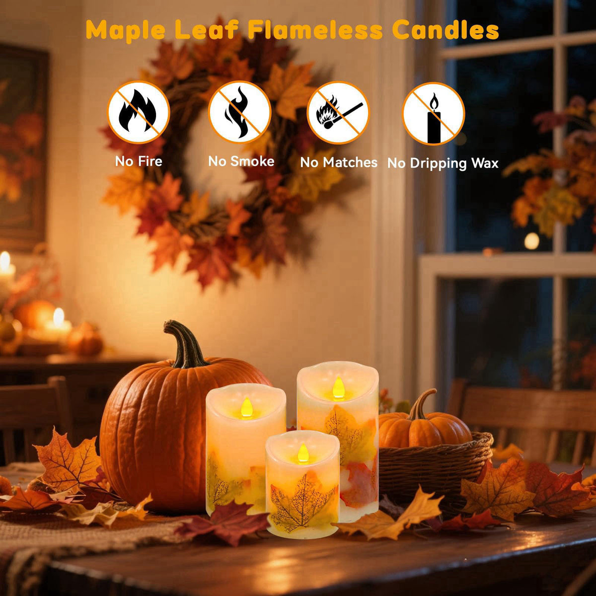 VEEKI Maple Leaf Flameless Candles Set of 3, Fall Candles with Remote & Timer – close-up detail in Orange
