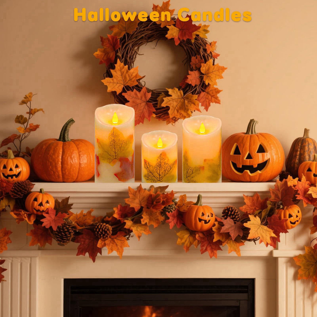 VEEKI Maple Leaf Flameless Candles Set of 3, Fall Candles with Remote & Timer – back view and specifications