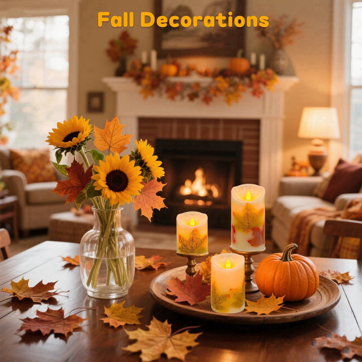 VEEKI Maple Leaf Flameless Candles Set of 3, Fall Candles with Remote & Timer – alternate angle