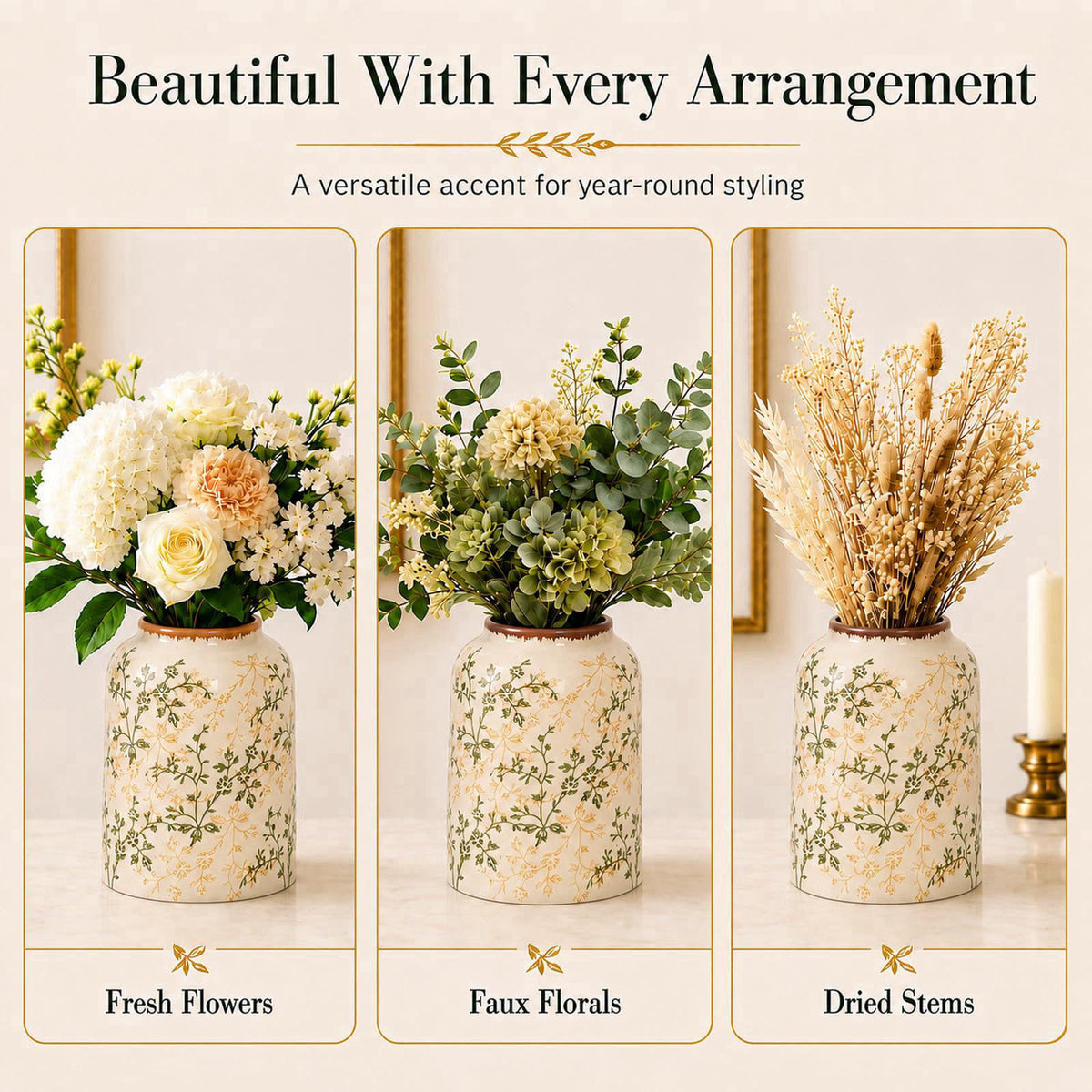 AUGsea Rustic Tuscan Cream Ceramic Flower Vase – full view