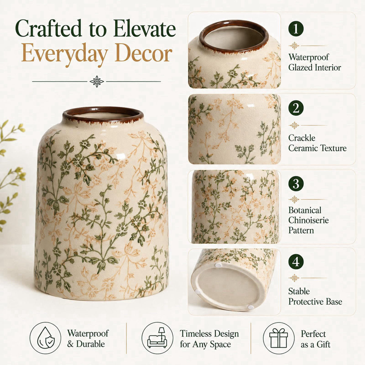 AUGsea Rustic Tuscan Cream Ceramic Flower Vase – back view and specifications