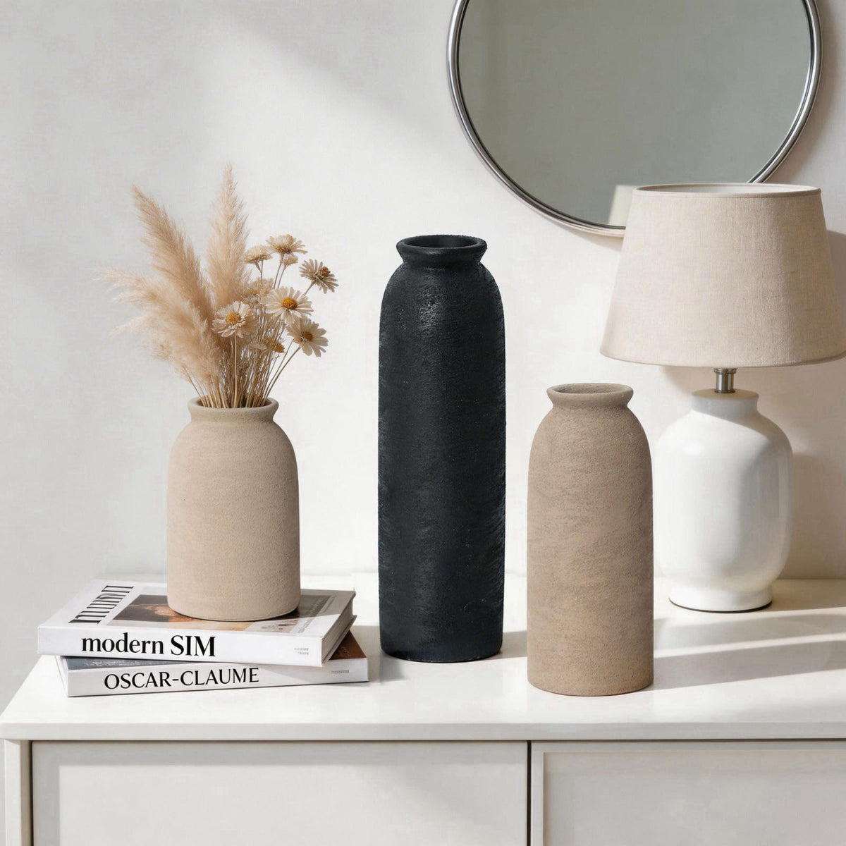 FancyPlus Ceramic Vase Set of 3, Small Flower Rustic Vase Home Decor Neutral Modern Farmhouse Boho Pampas Pottery Vases 