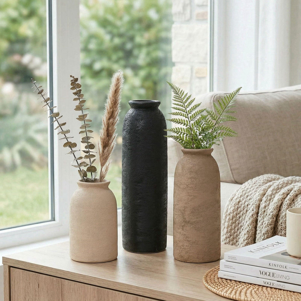 FancyPlus Ceramic Vase Set of 3, Small Flower Rustic Vase Home Decor Neutral Modern Farmhouse Boho Pampas Pottery Vases 