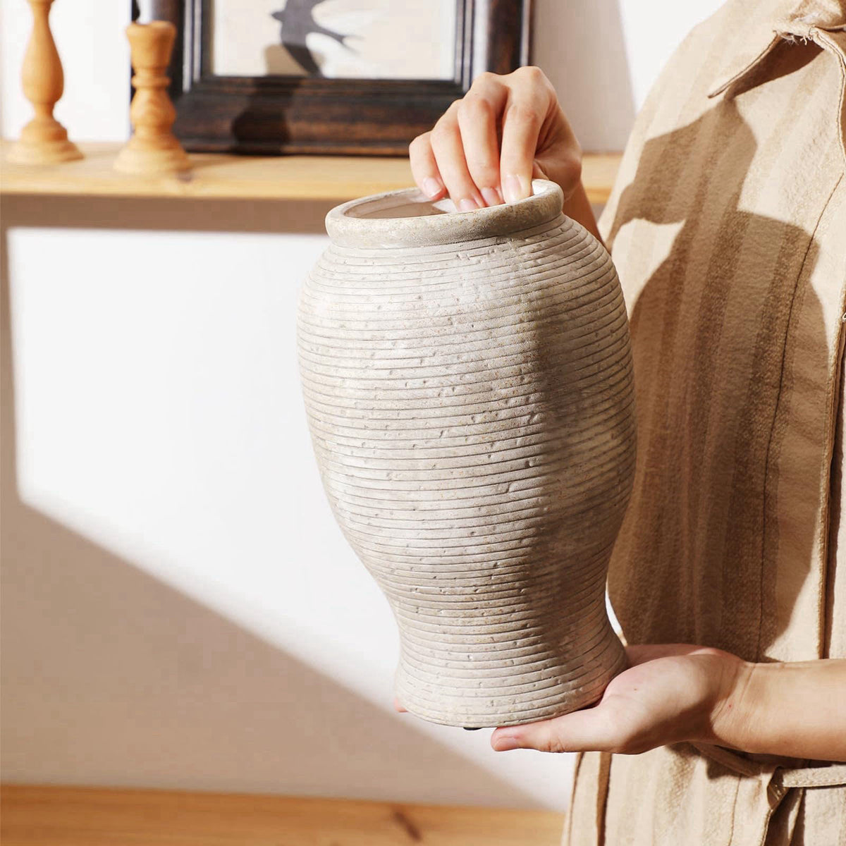 LISE Mused 9 Inch Ceramic Flower Vase, Rustic Farmhouse Wabi Sabi Pottery – close-up detail in Oatmeal