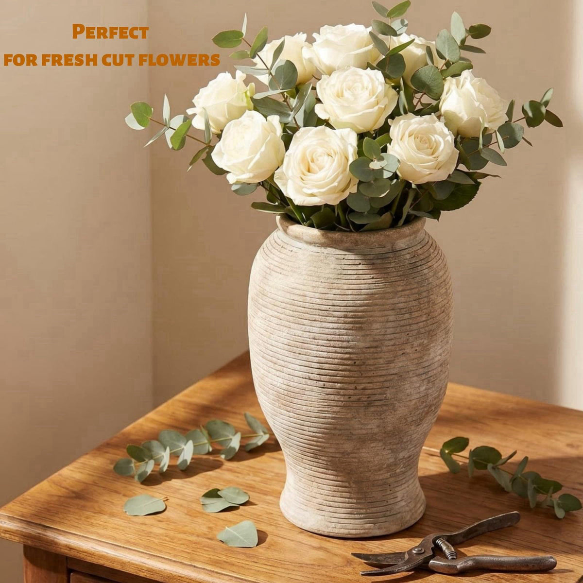 LISE Mused 9 Inch Ceramic Flower Vase, Rustic Farmhouse Wabi Sabi Pottery – full view