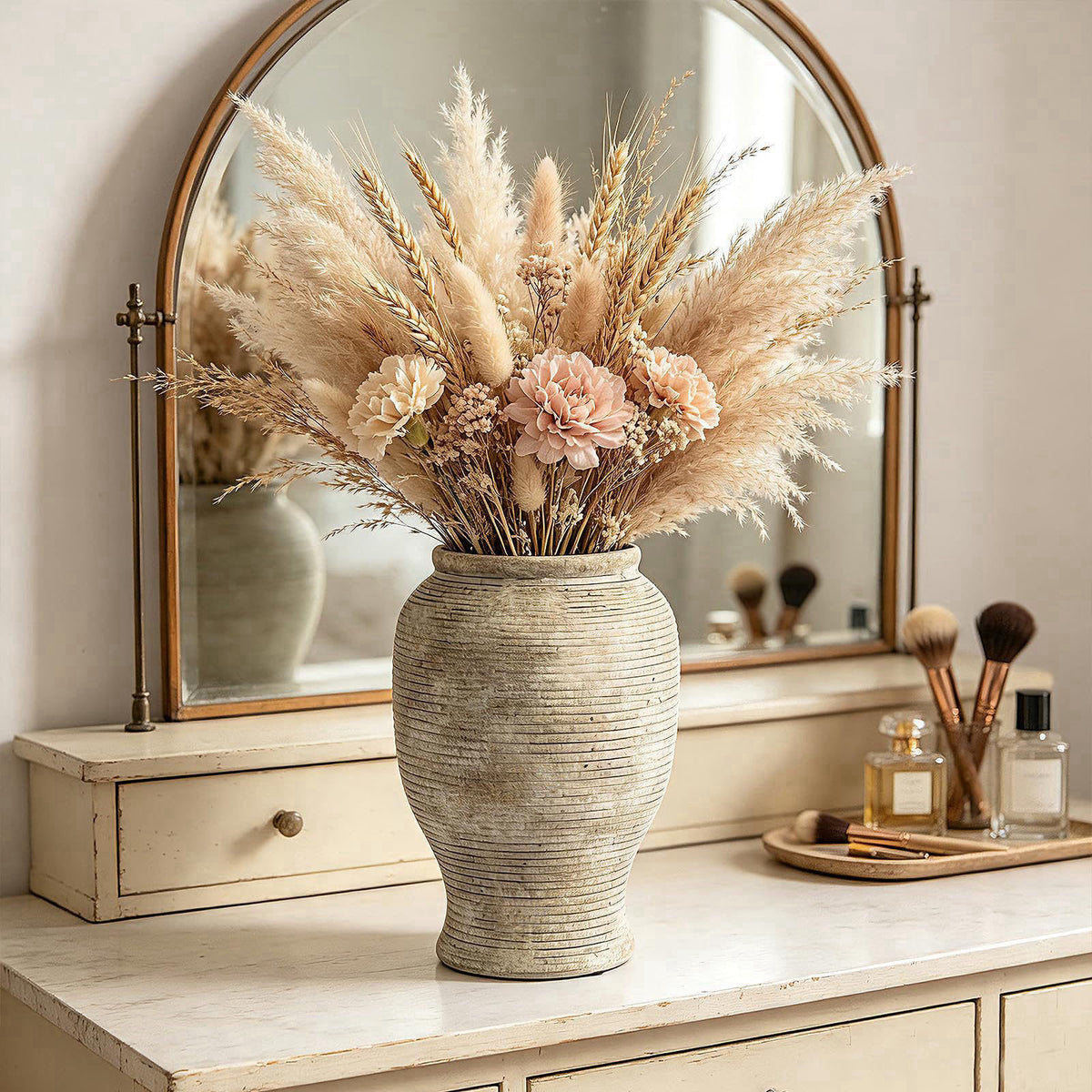 LISE Mused 9 Inch Ceramic Flower Vase, Rustic Farmhouse Wabi Sabi Pottery – back view and specifications