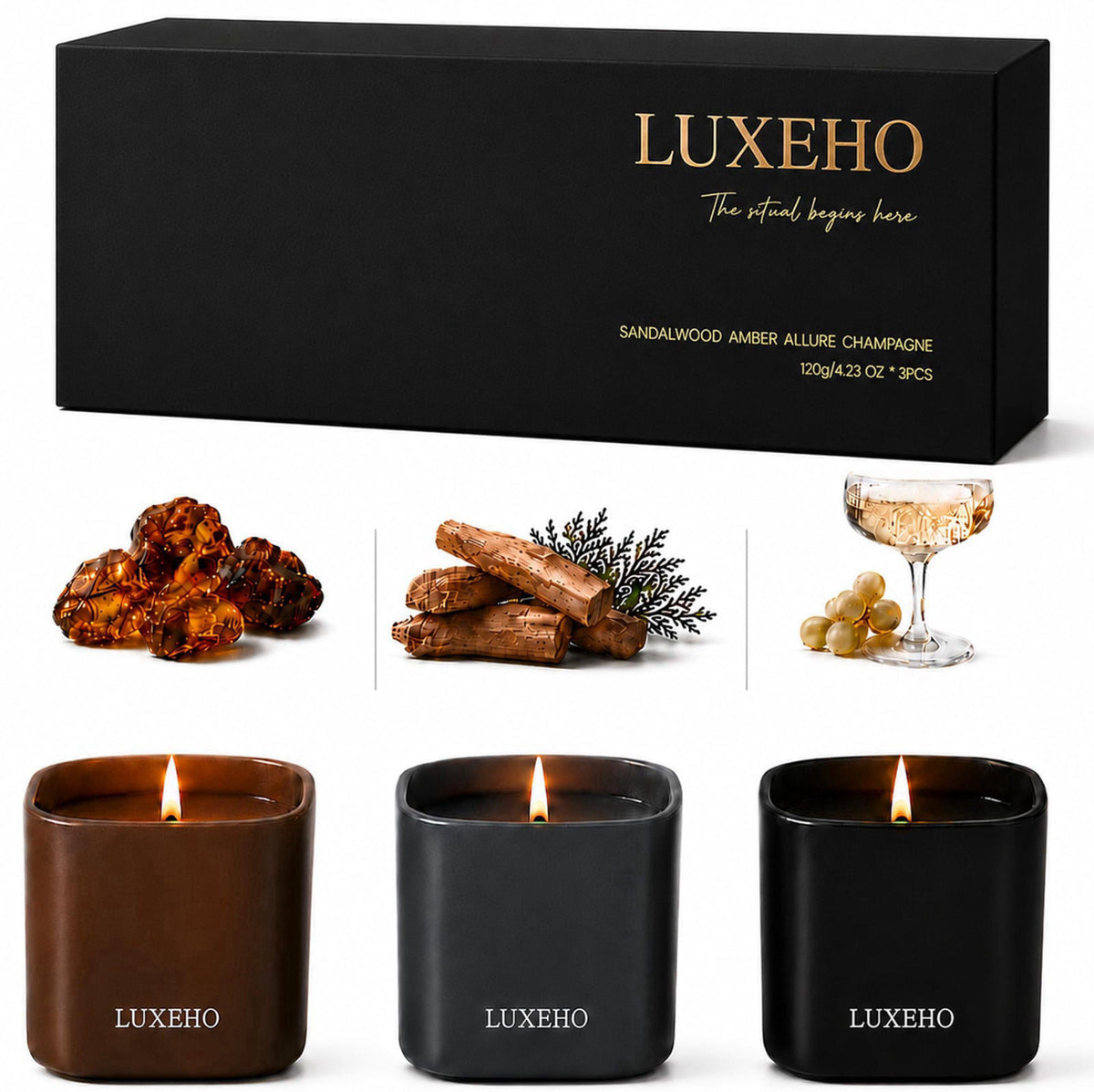 Luxury Scented Candle Gift Set, 3-Pack Soy Candles for Home by LUXEHO – packaging and label
