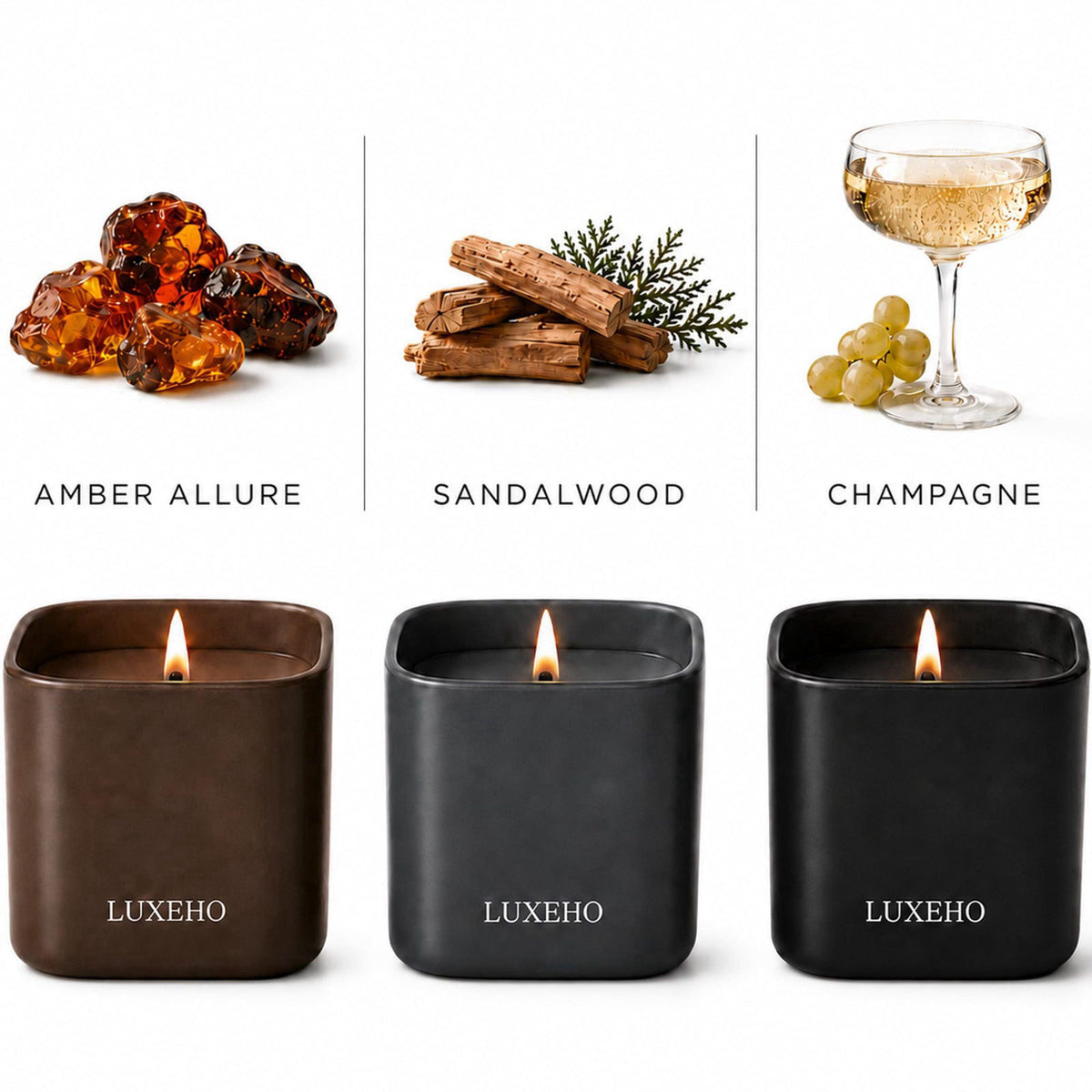 Luxury Scented Candle Gift Set, 3-Pack Soy Candles for Home by LUXEHO – back view and specifications