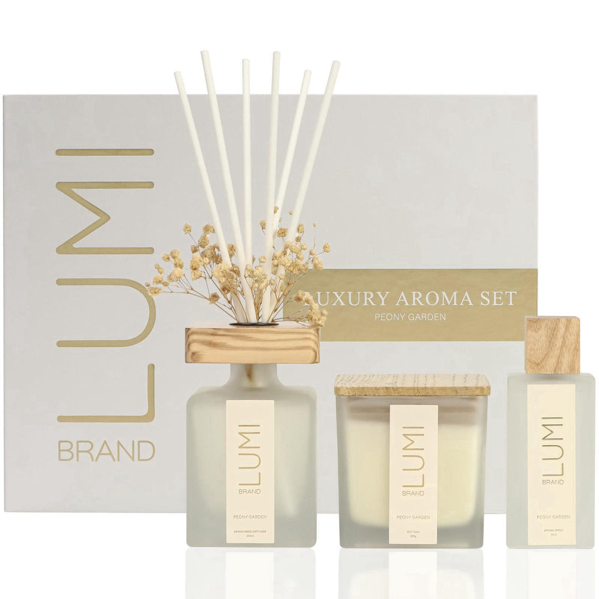 Lumi Brand Luxury Aroma Gift Set | Peony Garden Scent - Reed Diffuser (200ml), Wood Wick Soy Candle (200g), Room Spray (