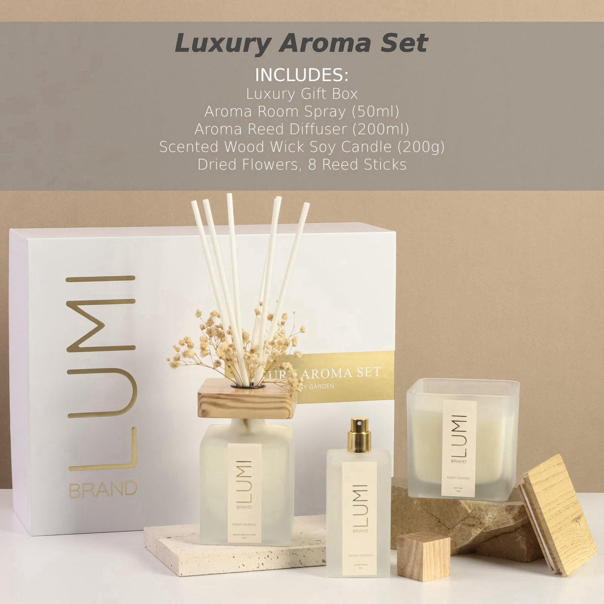 Lumi Brand Luxury Aroma Gift Set | Peony Garden Scent - Reed Diffuser (200ml), Wood Wick Soy Candle (200g), Room Spray (