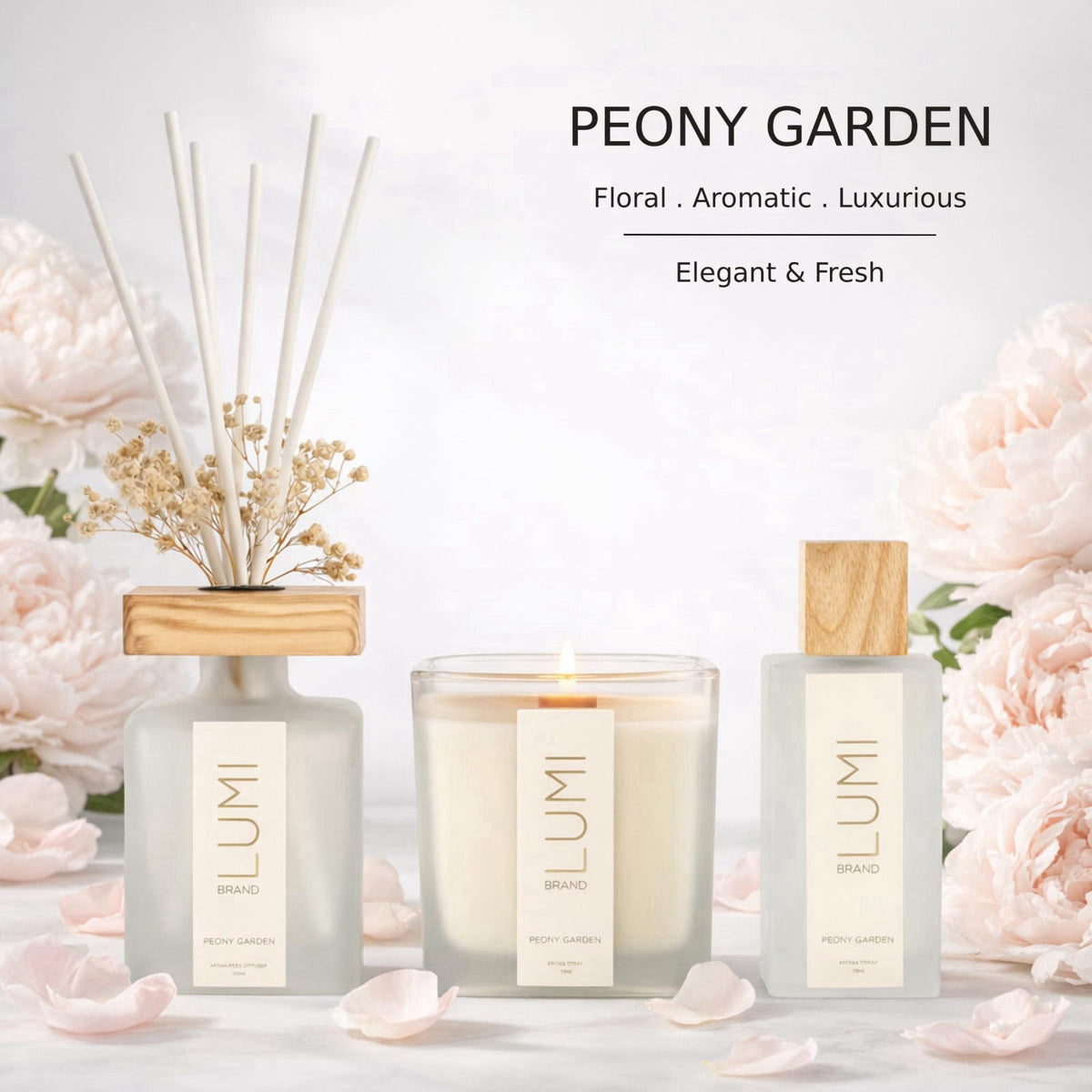 Lumi Brand Luxury Aroma Gift Set | Peony Garden Scent - Reed Diffuser (200ml), Wood Wick Soy Candle (200g), Room Spray (