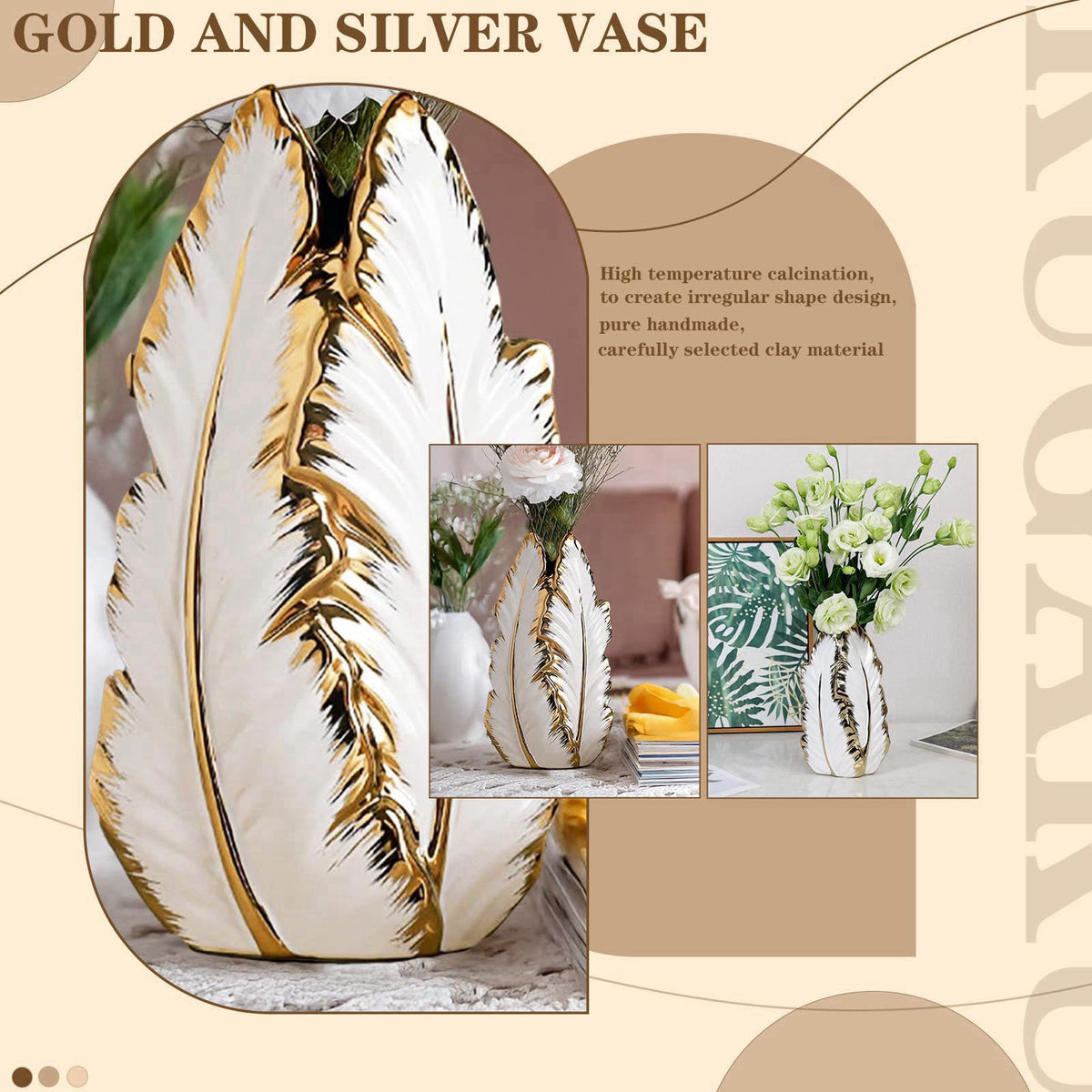 KagaKu White and Gold Ceramic Vase for Home Decor Modern Decorative Vase 10.7in – close-up detail
