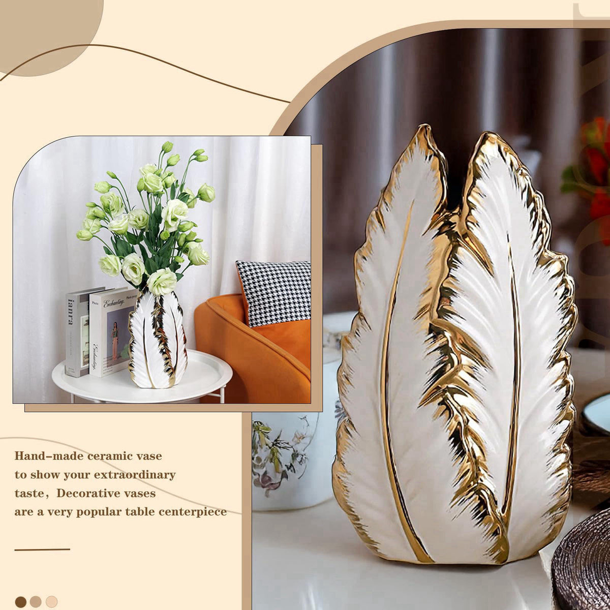 KagaKu White and Gold Ceramic Vase for Home Decor Modern Decorative Vase 10.7in – packaging and label