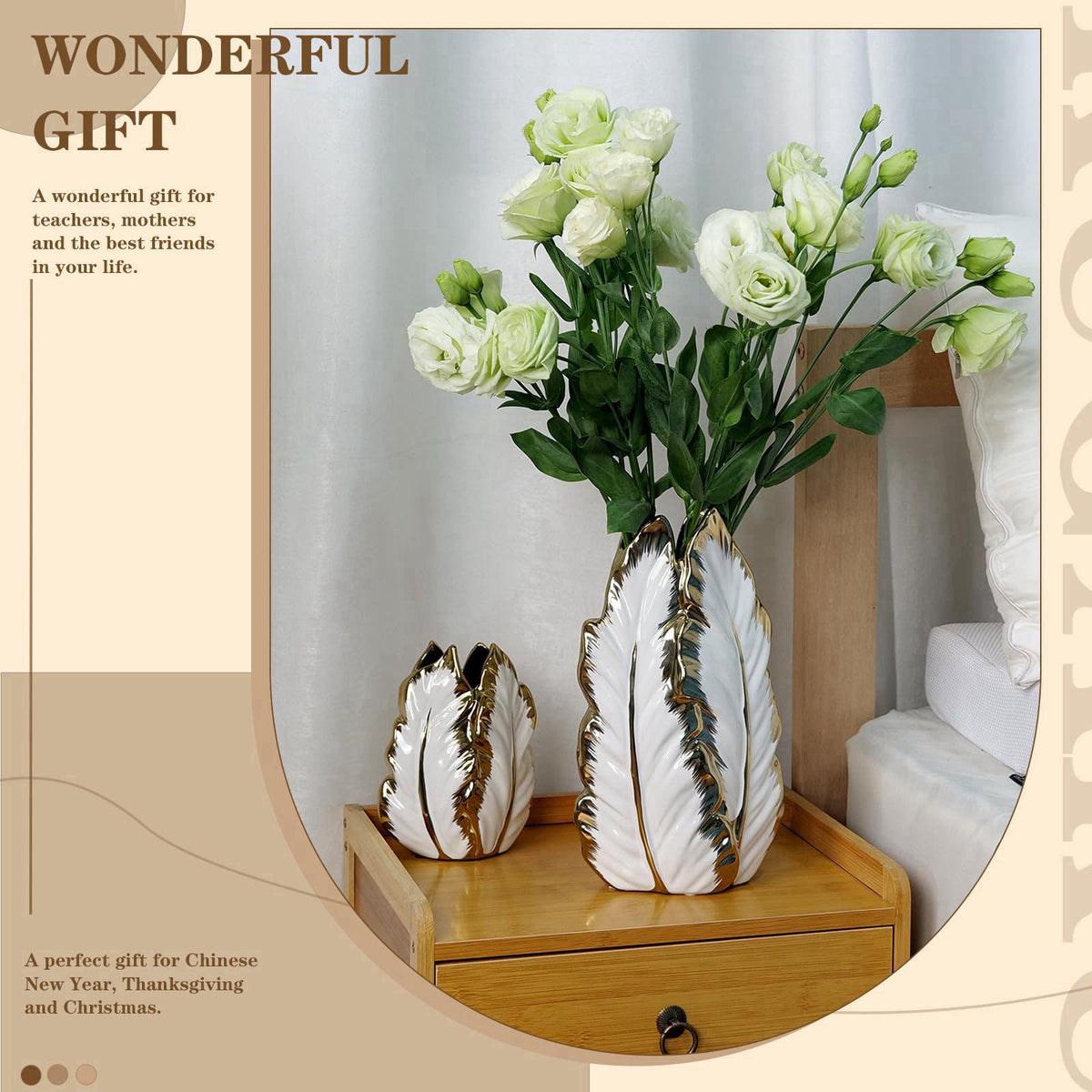 KagaKu White and Gold Ceramic Vase for Home Decor Modern Decorative Vase 10.7in – full view