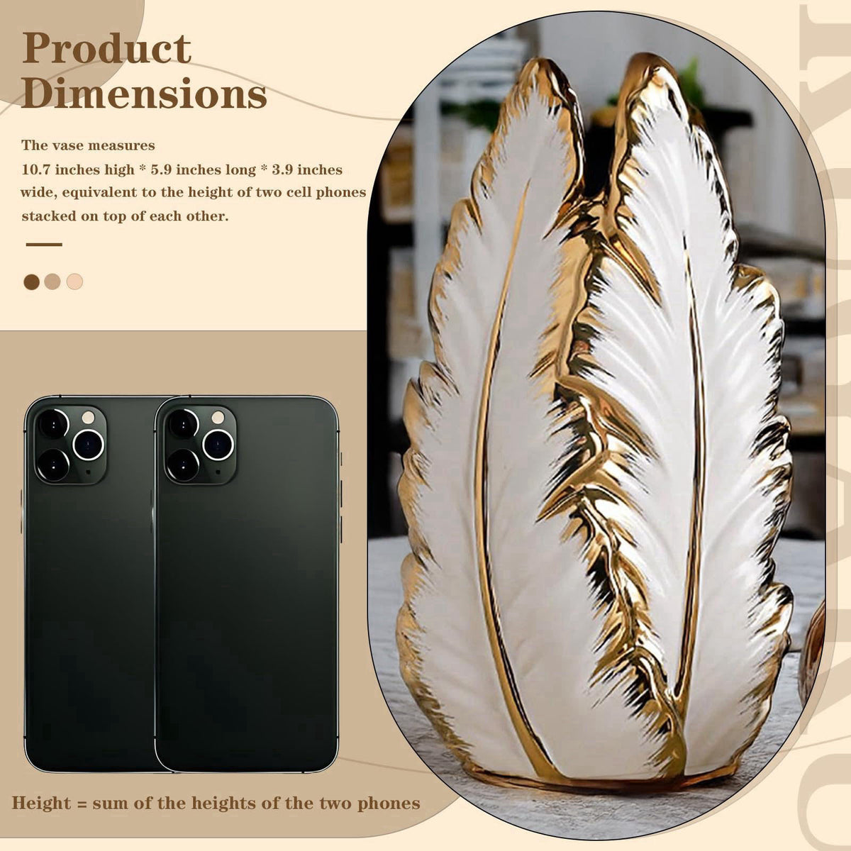 KagaKu White and Gold Ceramic Vase for Home Decor Modern Decorative Vase 10.7in – back view and specifications