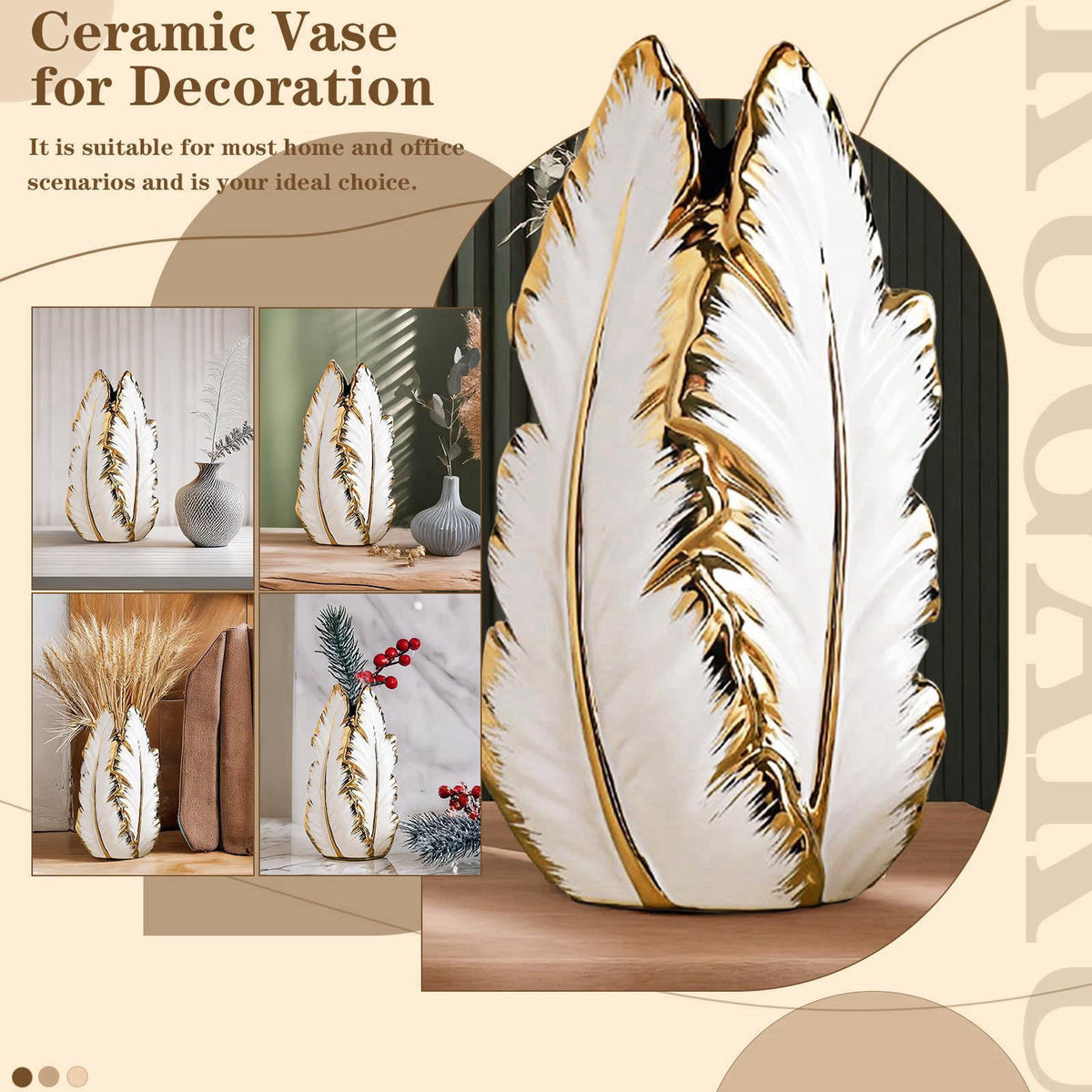 KagaKu White and Gold Ceramic Vase for Home Decor Modern Decorative Vase 10.7in – alternate angle