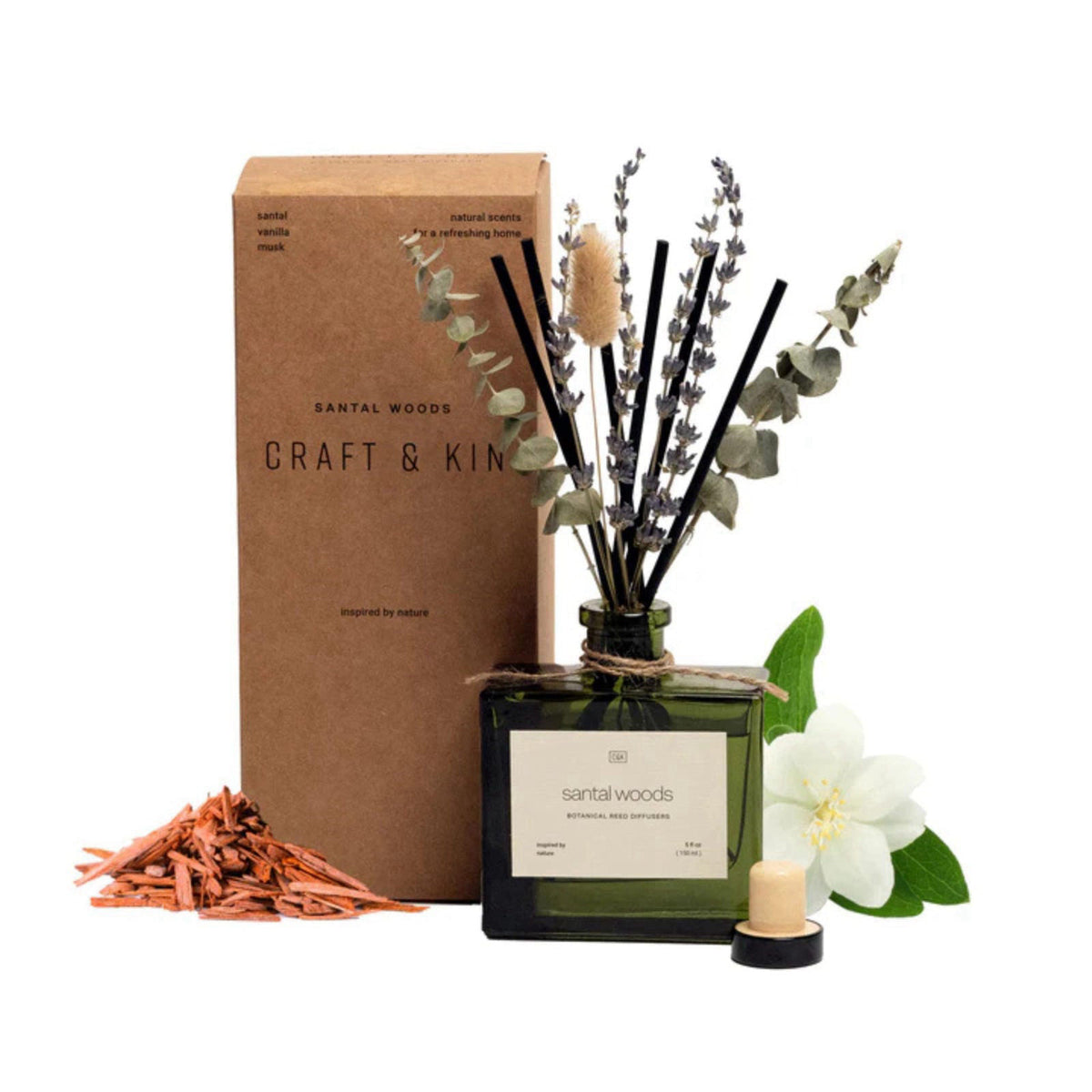 Craft & Kin Premium Santal Woods Reed Diffuser with Dried Flowers – 5 oz Essential Oil Diffuser for Home & Bathroom – Lo