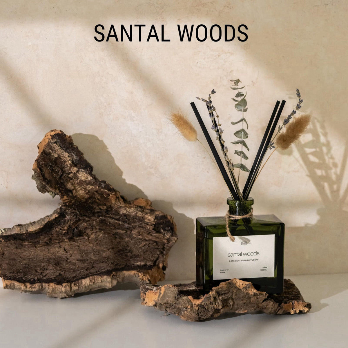 Craft & Kin Premium Santal Woods Reed Diffuser with Dried Flowers – 5 oz Essential Oil Diffuser for Home & Bathroom – Lo