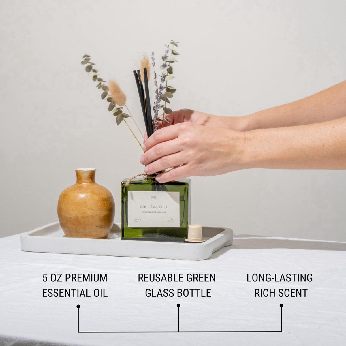 Craft & Kin Premium Santal Woods Reed Diffuser with Dried Flowers – 5 oz Essential Oil Diffuser for Home & Bathroom – Lo