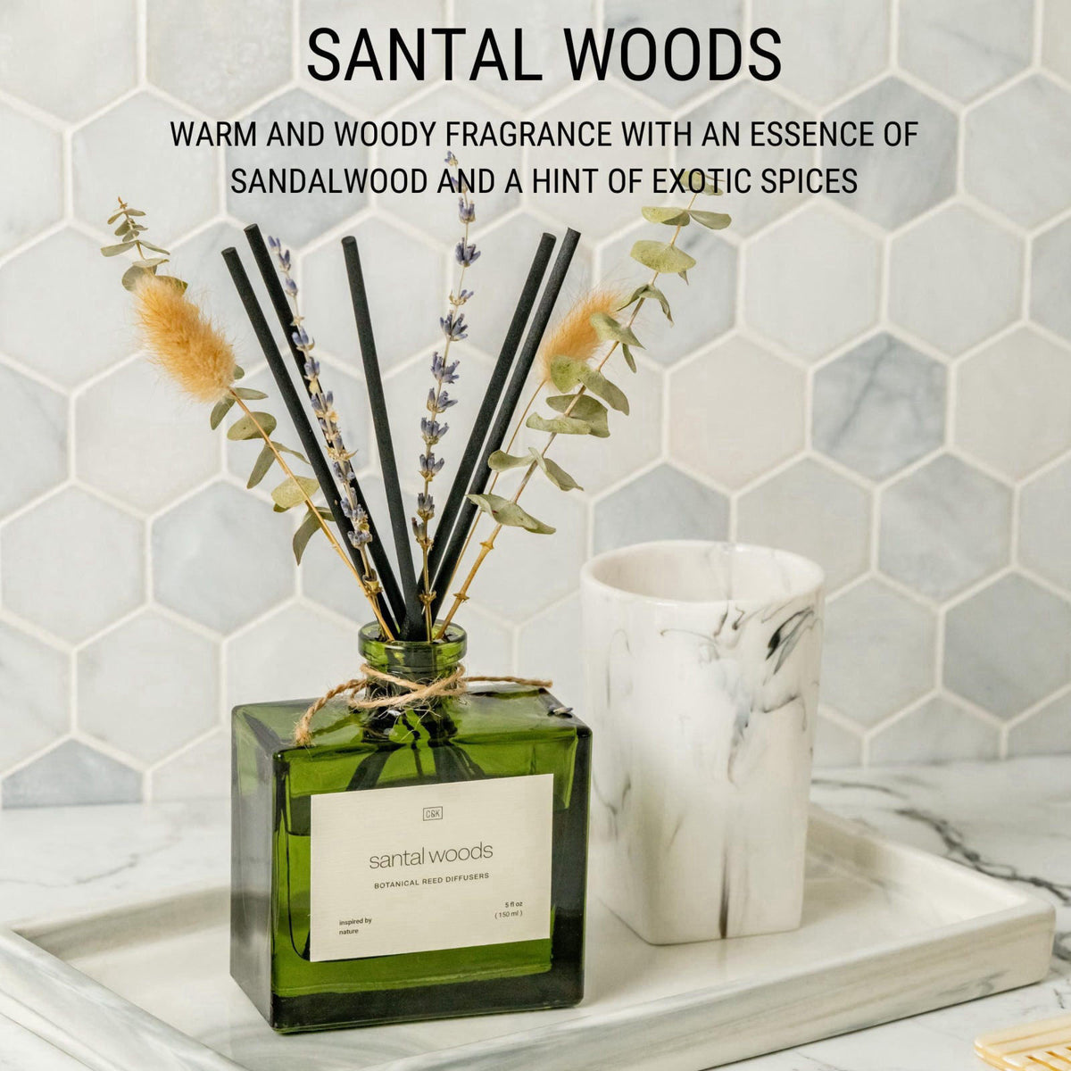 Craft & Kin Premium Santal Woods Reed Diffuser with Dried Flowers – 5 oz Essential Oil Diffuser for Home & Bathroom – Lo