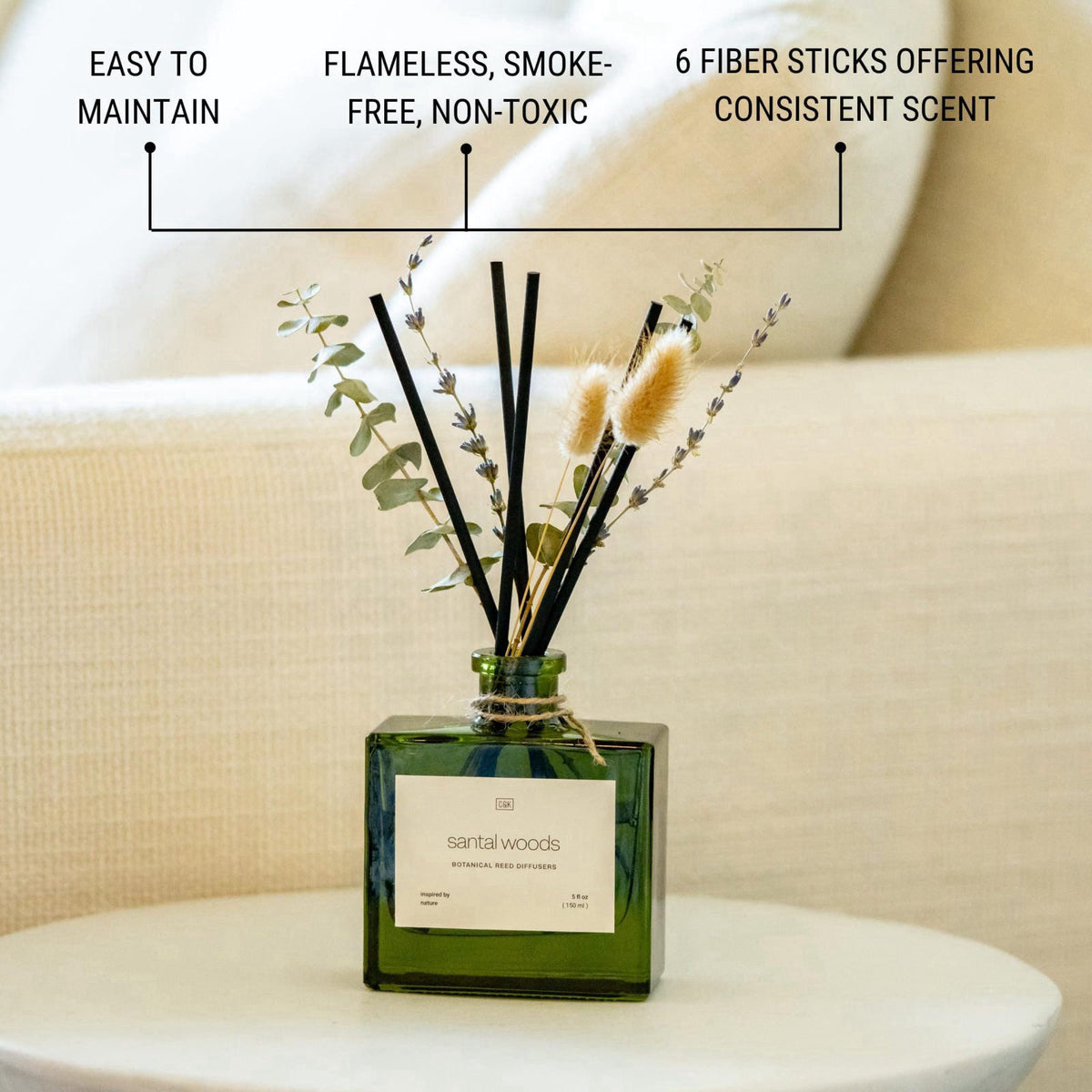 Craft & Kin Premium Santal Woods Reed Diffuser with Dried Flowers – 5 oz Essential Oil Diffuser for Home & Bathroom – Lo