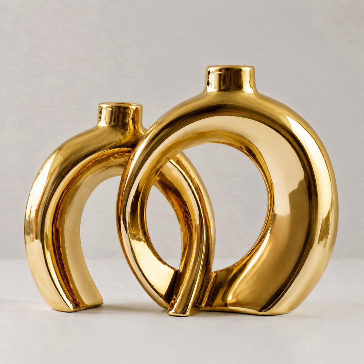 Jonronboci Set of 2 Gold Ceramic Vases for Home Decor Accents - Unique Hollow Donut Artistic Design Modern Art Deco Luxu