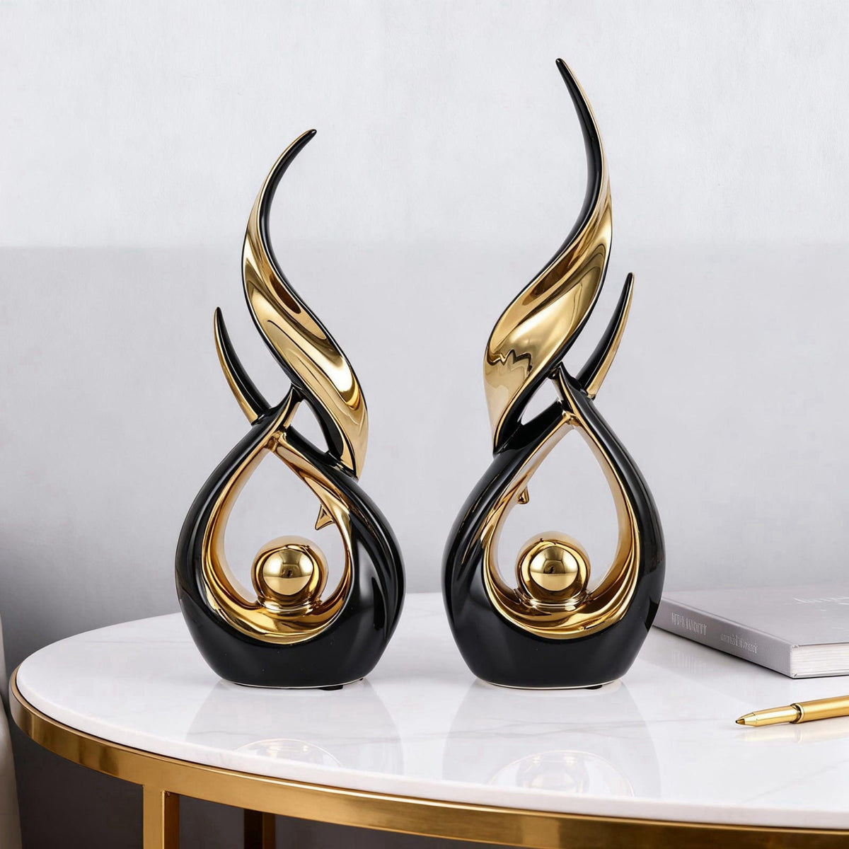 DOVDOV 2-Piece Abstract Black and Gold Home Decor, Ceramic Abstract Sculpture, Modern Artwork, Suitable for Room Coffee 