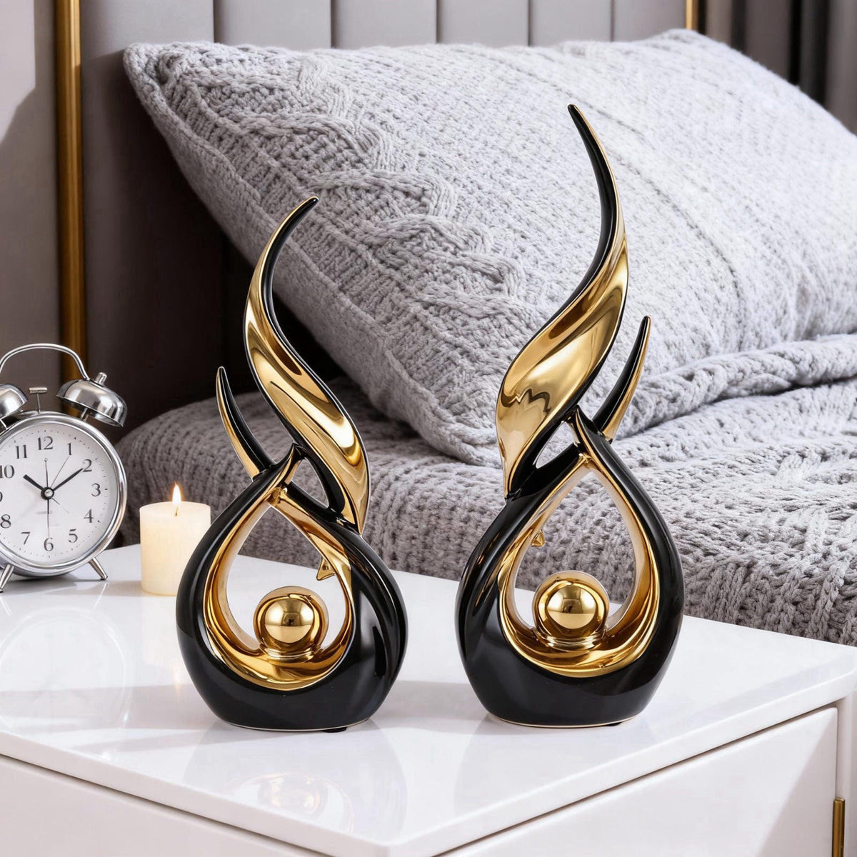 DOVDOV 2-Piece Abstract Black and Gold Home Decor, Ceramic Abstract Sculpture, Modern Artwork, Suitable for Room Coffee 