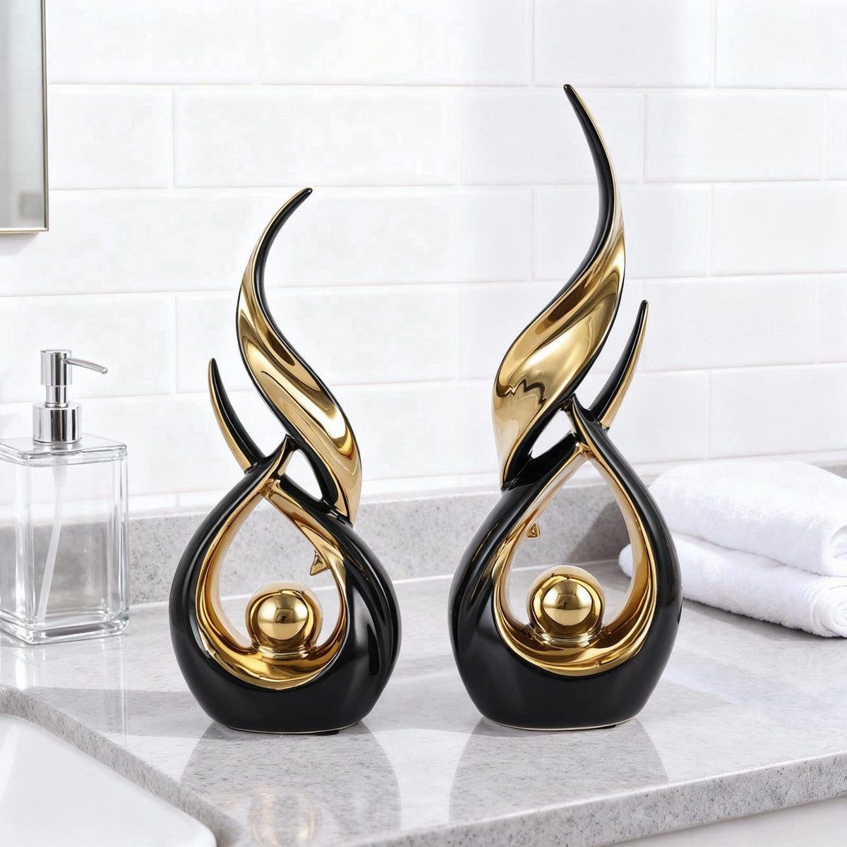 DOVDOV 2-Piece Abstract Black and Gold Home Decor, Ceramic Abstract Sculpture, Modern Artwork, Suitable for Room Coffee 