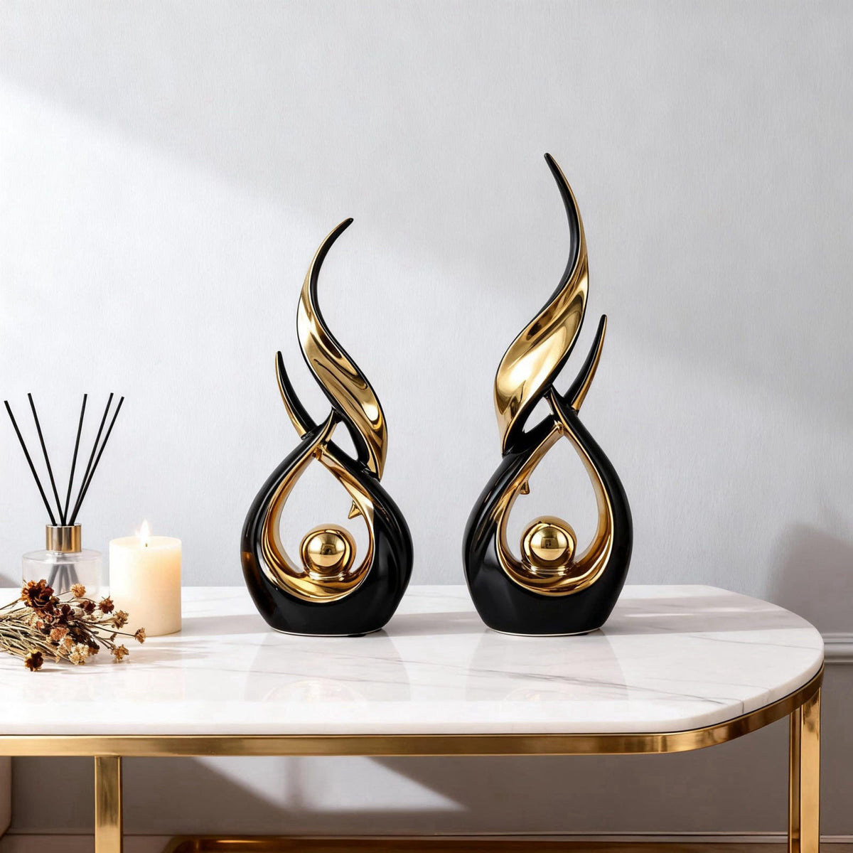 DOVDOV 2-Piece Abstract Black and Gold Home Decor, Ceramic Abstract Sculpture, Modern Artwork, Suitable for Room Coffee 