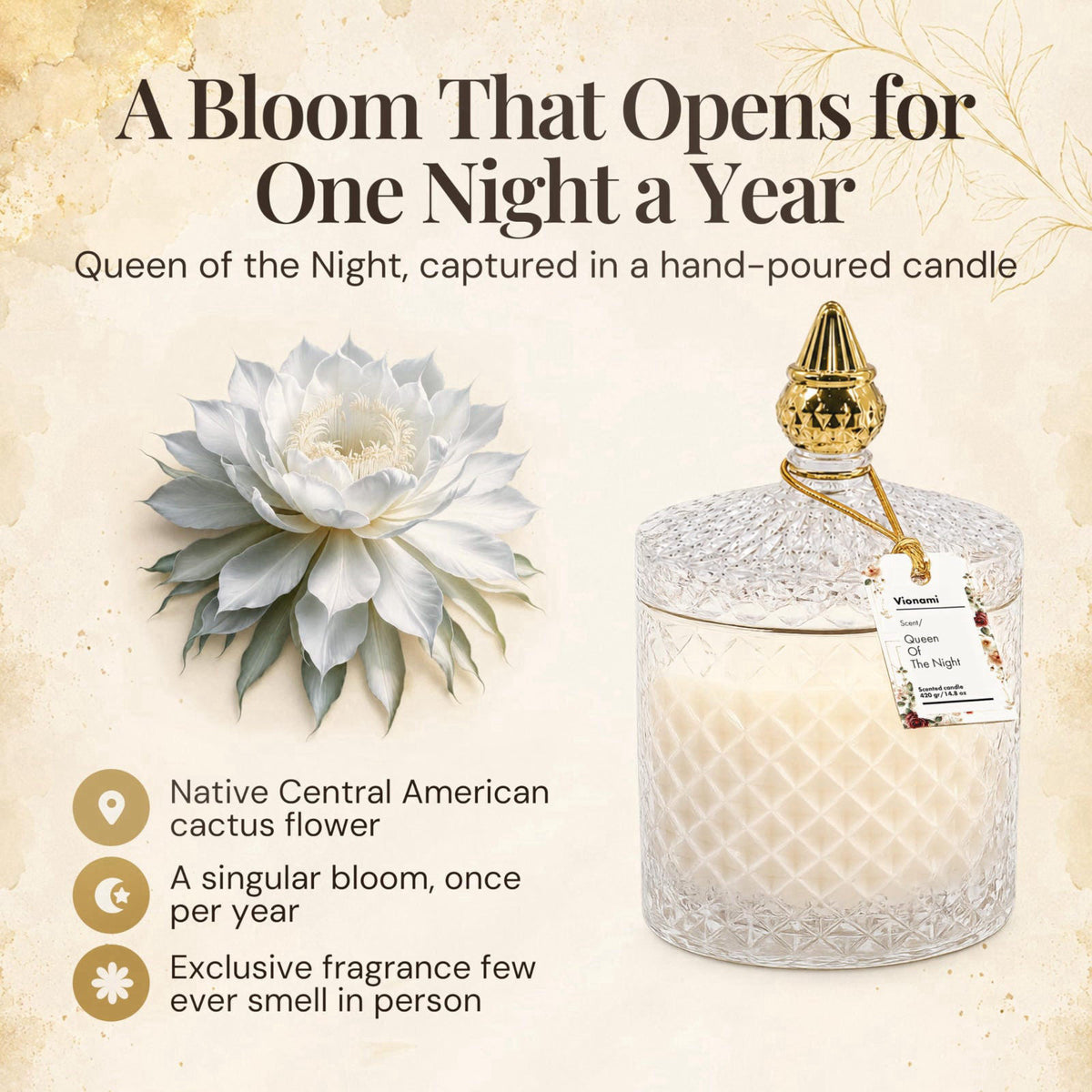 VIONAMI Queen of The Night Rare Flower Fragrance Luxury Scented Candle Gift – close-up detail