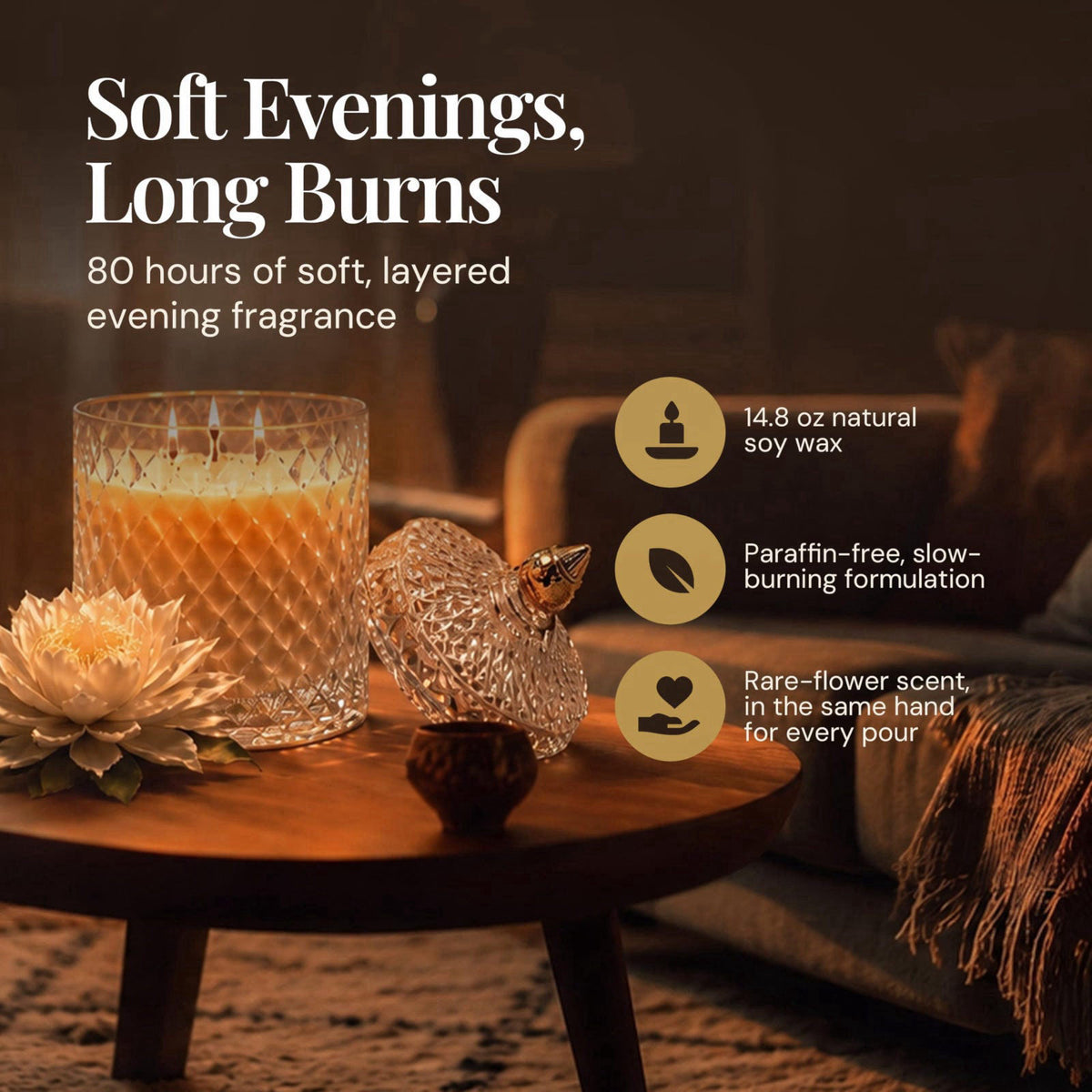 VIONAMI Queen of The Night Rare Flower Fragrance Luxury Scented Candle Gift – back view and specifications