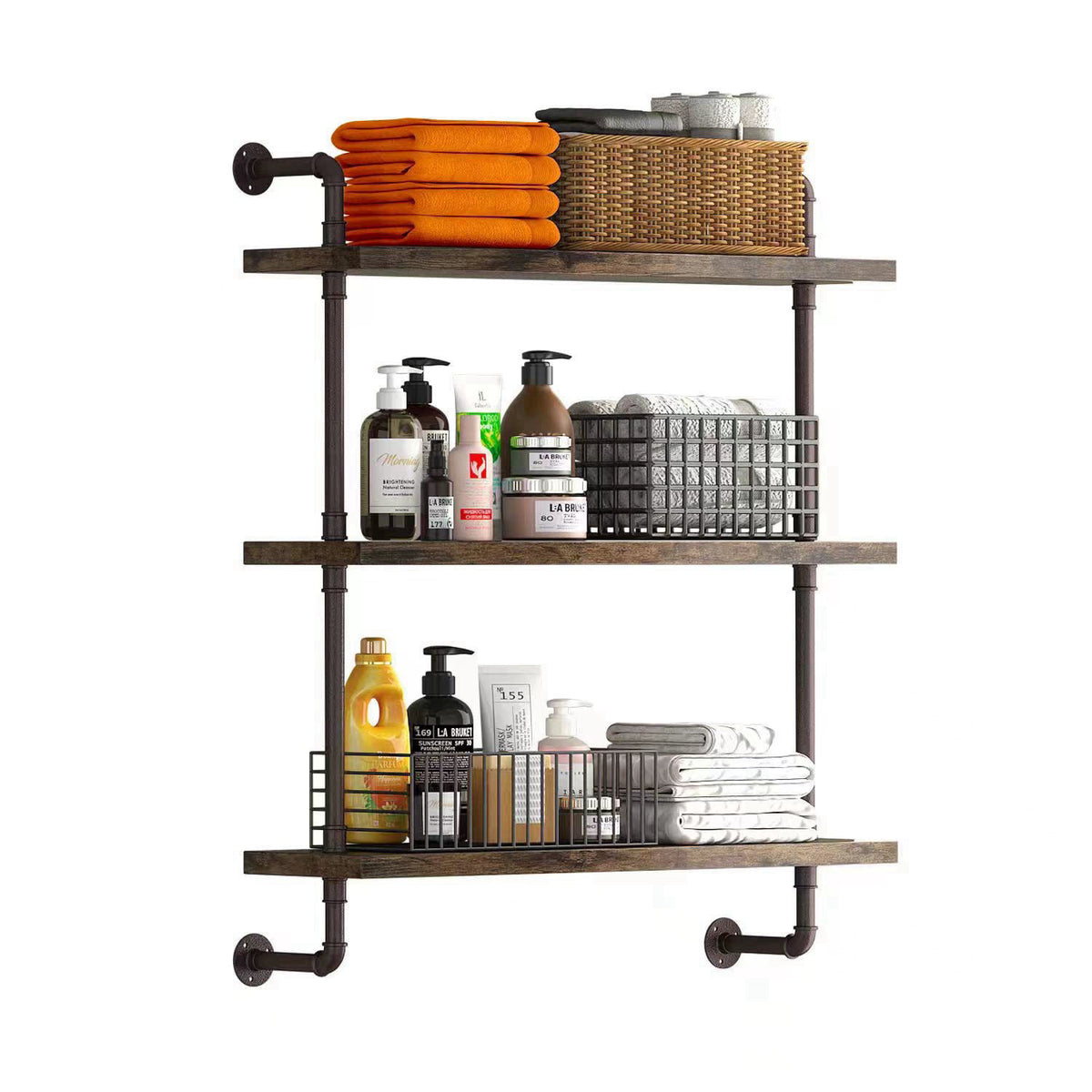 Helsin 3 Tier Industrial Pipe Shelf Rustic Wood Floating Shelves,Wall Display Bookshelf,Storage Rack Sundries Holder for
