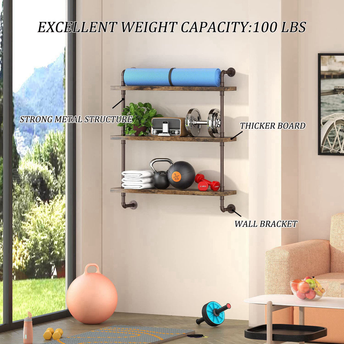 Helsin 3 Tier Industrial Pipe Shelf Rustic Wood Floating Shelves,Wall Display Bookshelf,Storage Rack Sundries Holder for