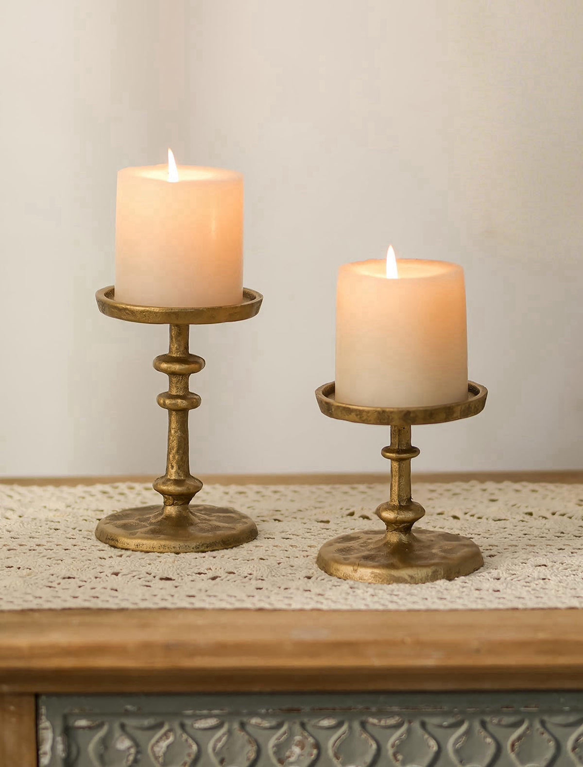 NUPTIO Gold Candle Holders for Pillar: Antique Brass Cast Iron Candle Stand – product photo (Candlestick Holders)