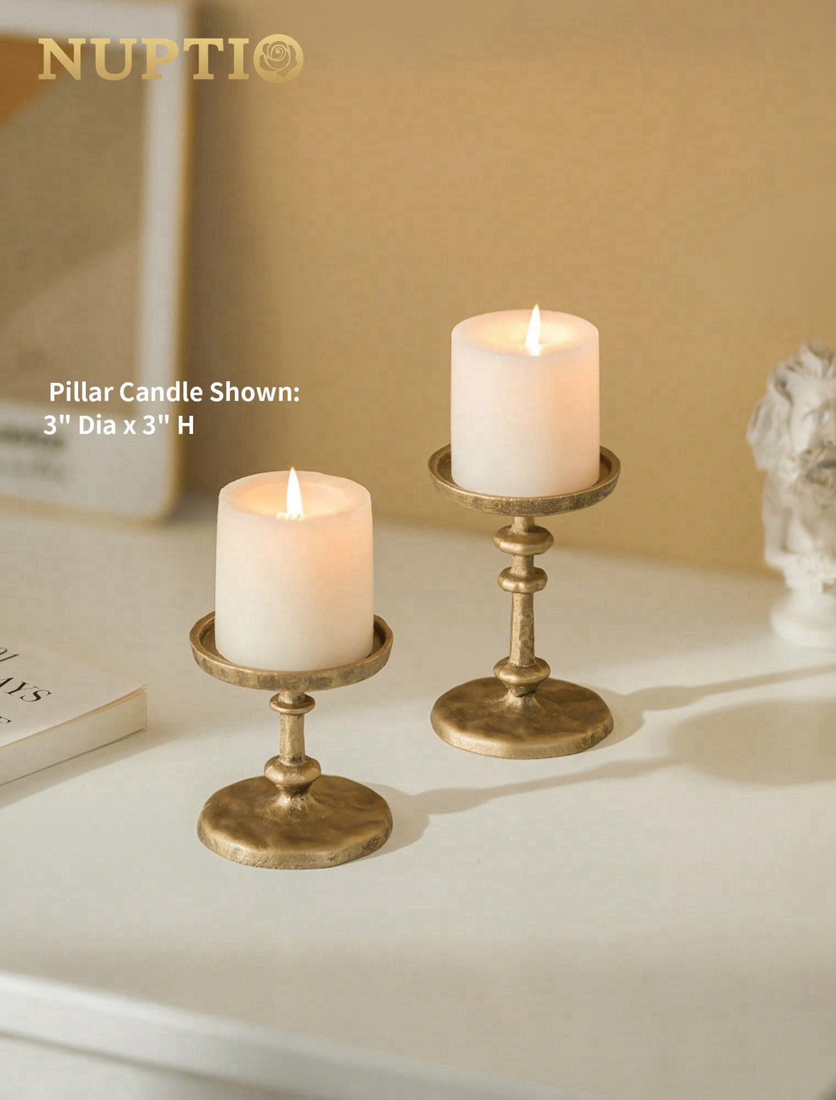 NUPTIO Gold Candle Holders for Pillar: Antique Brass Cast Iron Candle Stand – packaging and label