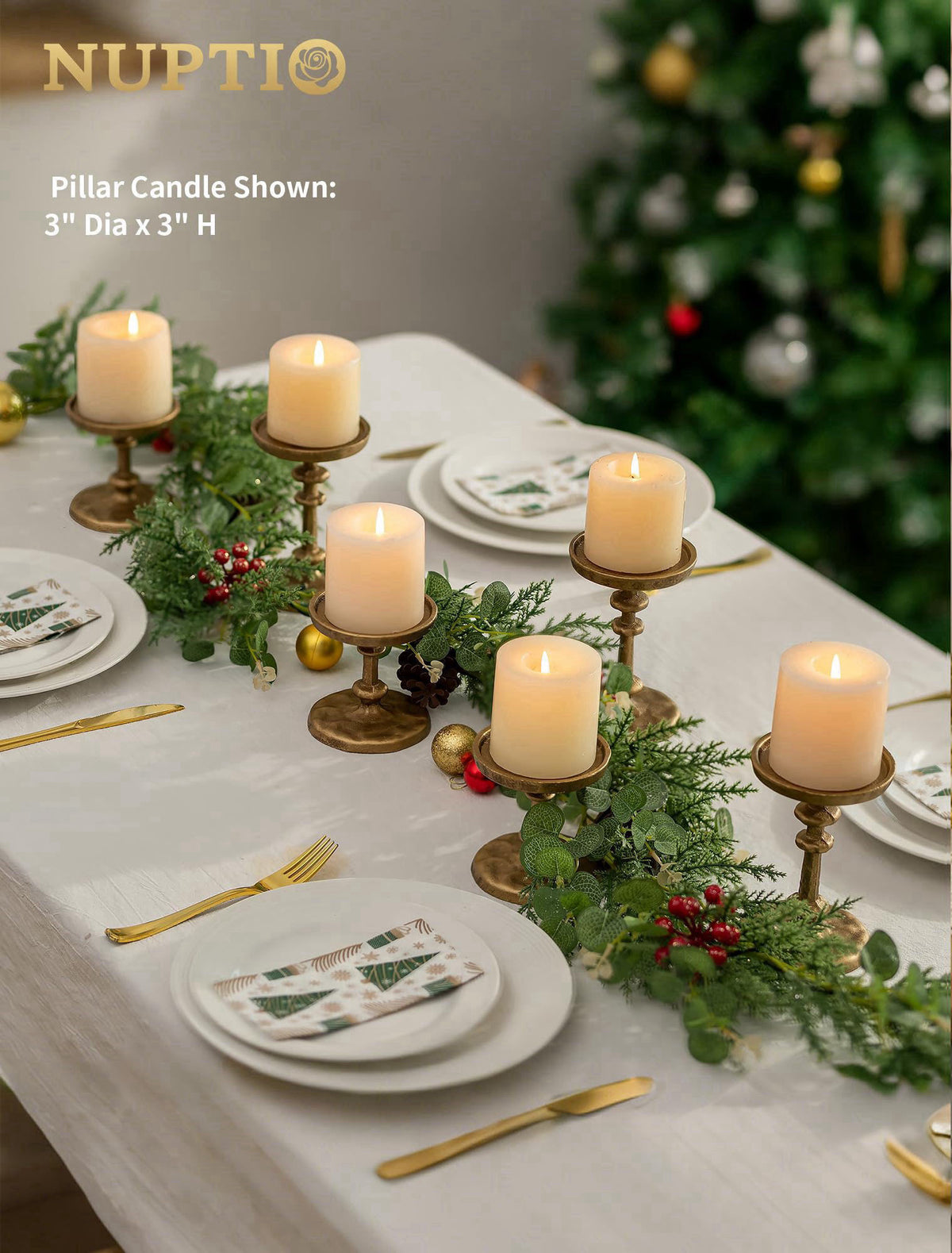 NUPTIO Gold Candle Holders for Pillar: Antique Brass Cast Iron Candle Stand – full view