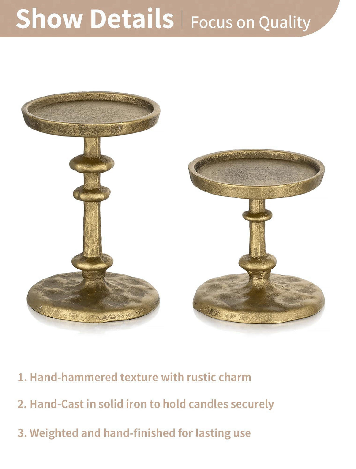 NUPTIO Gold Candle Holders for Pillar: Antique Brass Cast Iron Candle Stand – back view and specifications