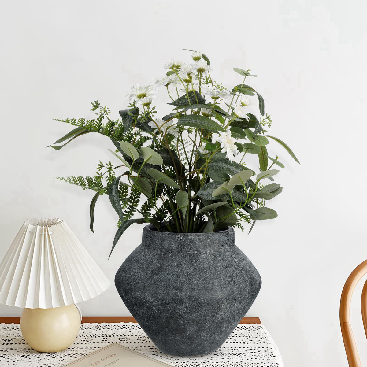 Briful Large Rustic Ceramic Vase with Distressed Finish, 8.2'' Tall Wide-Belly Decorative Flower Vases with Felt Pads, R