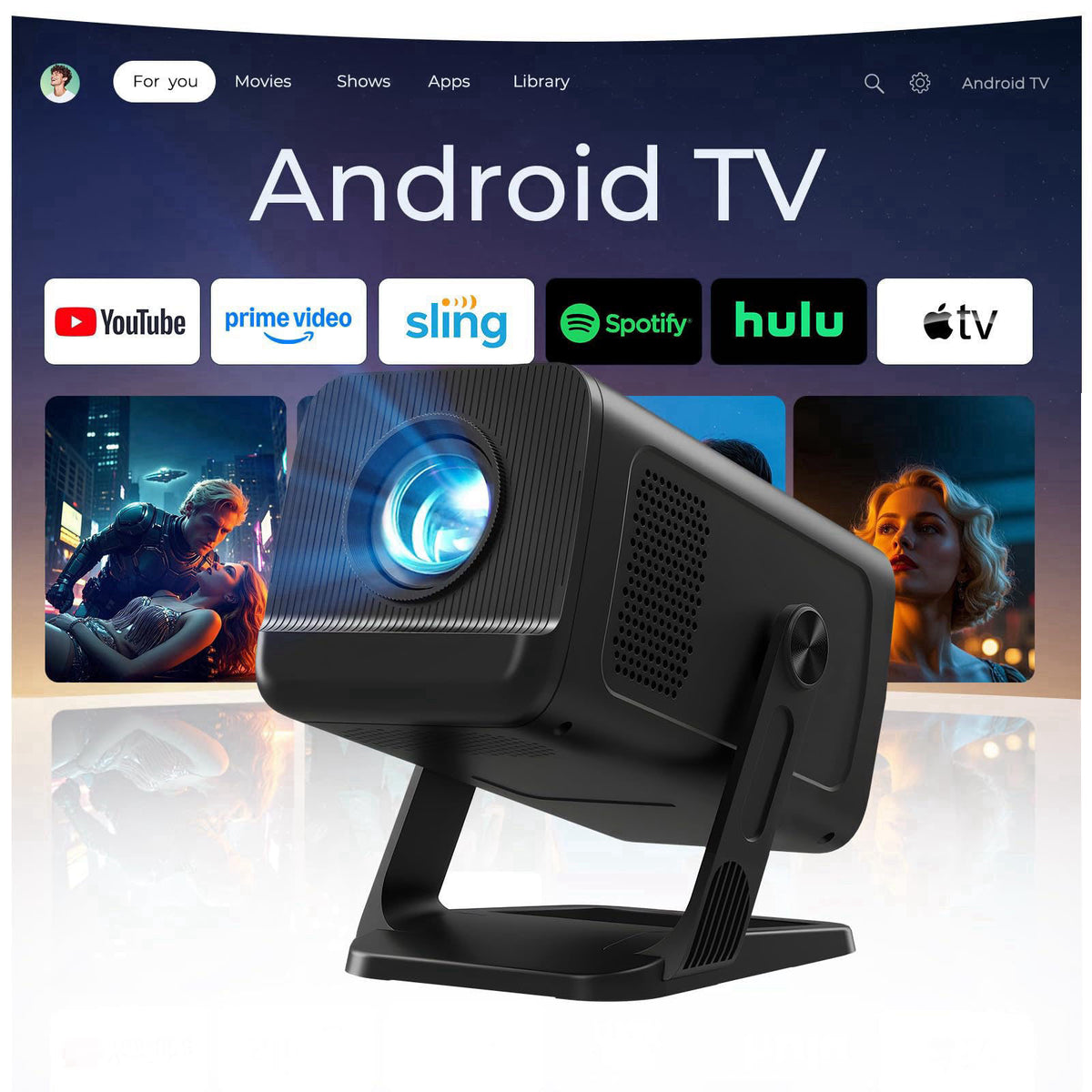 LYNCAST Built-in Apps 1080P 4K Support Mini Projector with Android 14, Phone Remote – Black, 200 inches