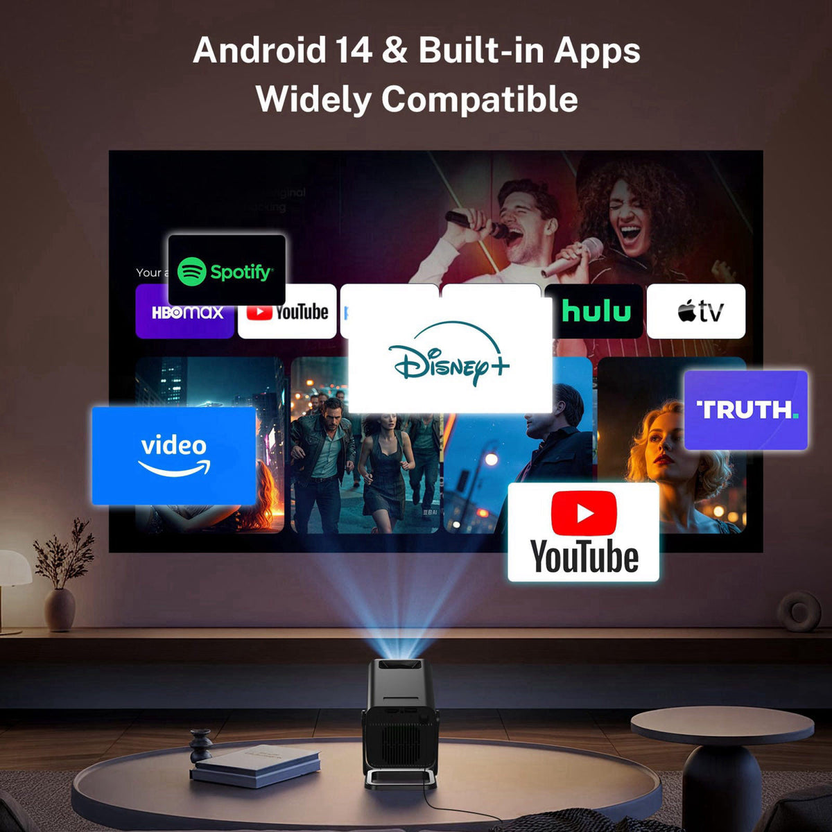 LYNCAST Built-in Apps 1080P 4K Support Mini Projector with Android 14, Phone Remote – close-up detail in Black