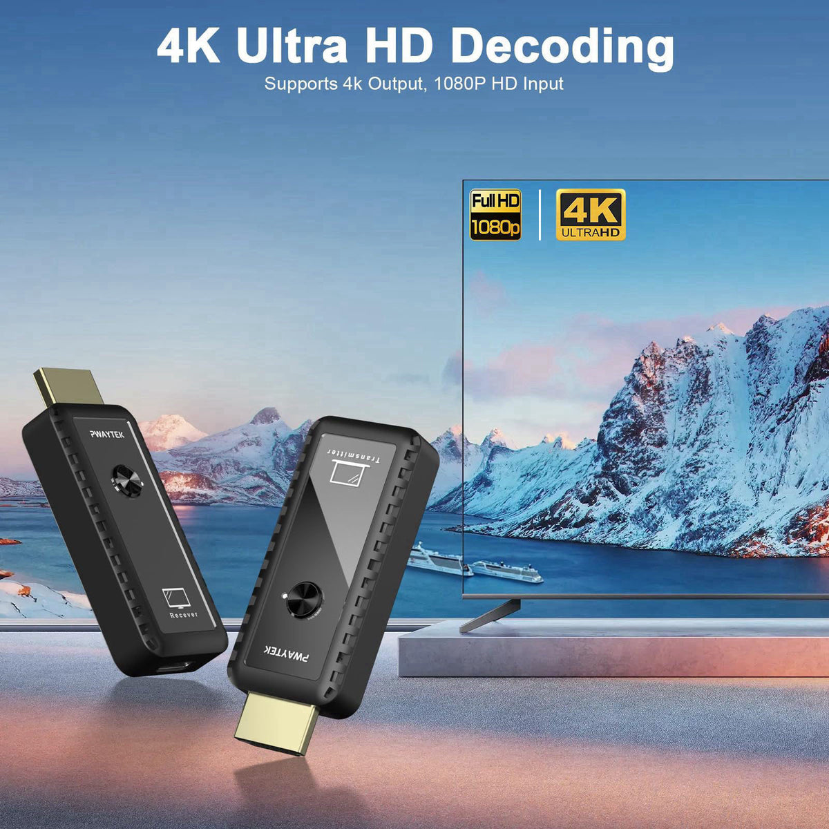 PWAYTEK Wireless HDMI Transmitter and Receiver, Wireless HDMI Extender Kit – full view