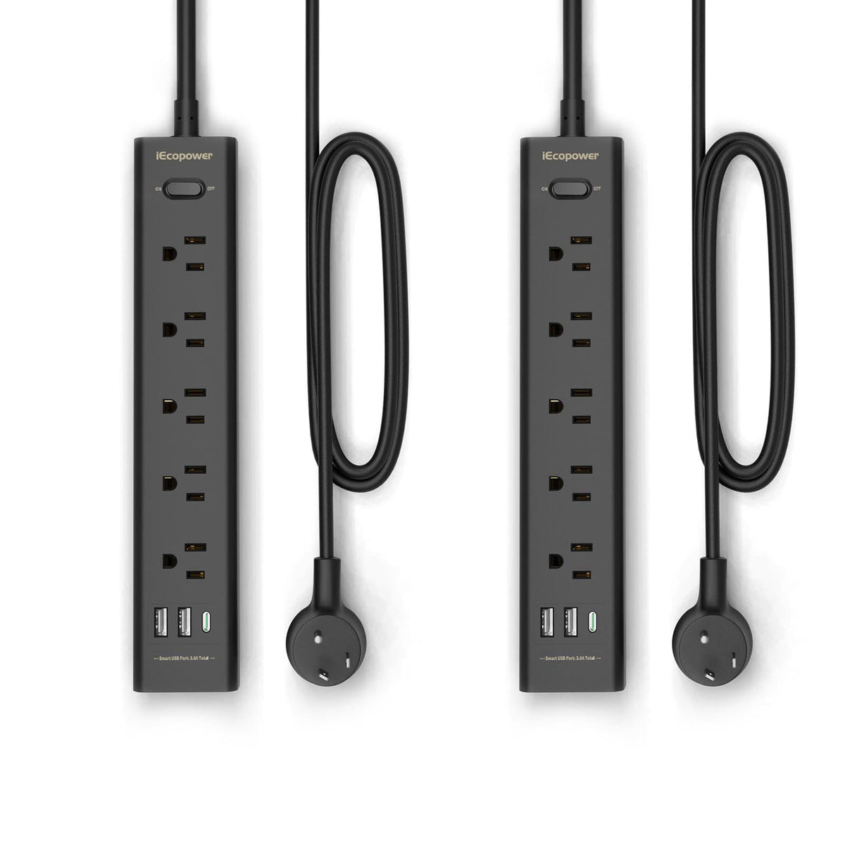 IECOPOWER 2 Pack Power Strip Surge Protector-5 Widely Spaced Outlets 3 USB Ports(1 USB C Port),1250W/10A with 5Ft Extens